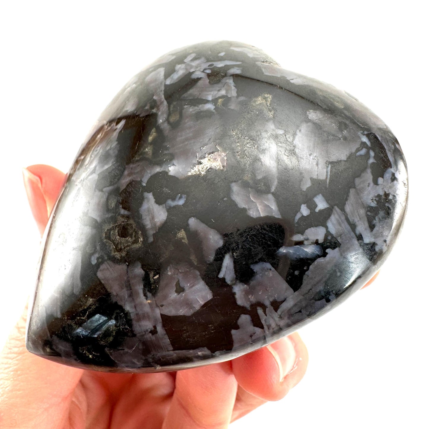 Indigo Gabbro Heart, merlinite heart, Gabbro Palm stone, Merlinite palm stone, Indigo Gabbro, crystal heart
