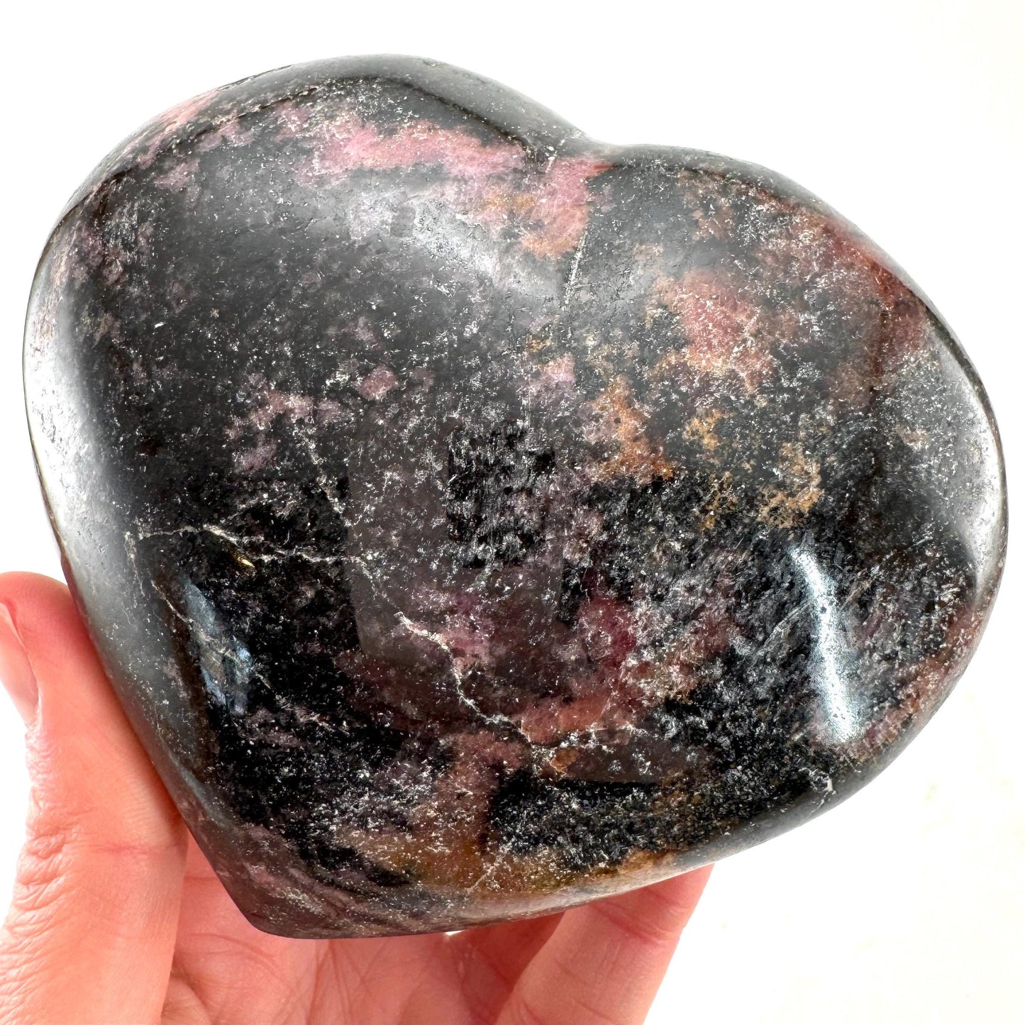 Rhodonite Heart, Crystal Heart, Rhodonite Palm Stone, Rhodonite palmstone, polished Rhodonite