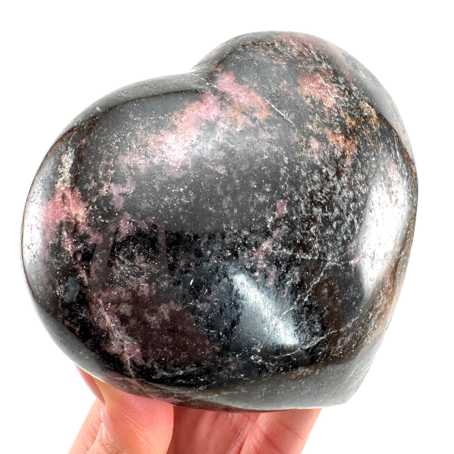 Rhodonite Heart, Crystal Heart, Rhodonite Palm Stone, Rhodonite palmstone, polished Rhodonite