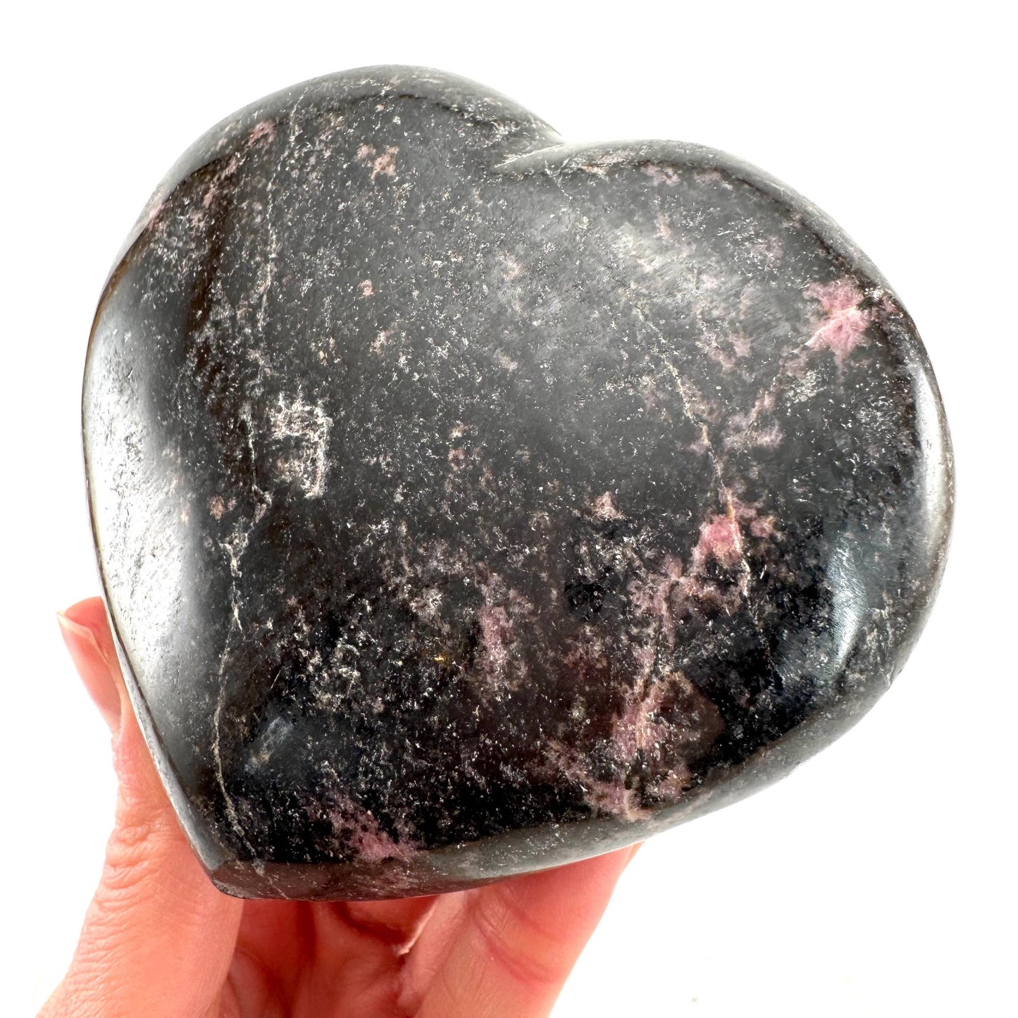 Rhodonite Heart, Crystal Heart, Rhodonite Palm Stone, Rhodonite palmstone, polished Rhodonite