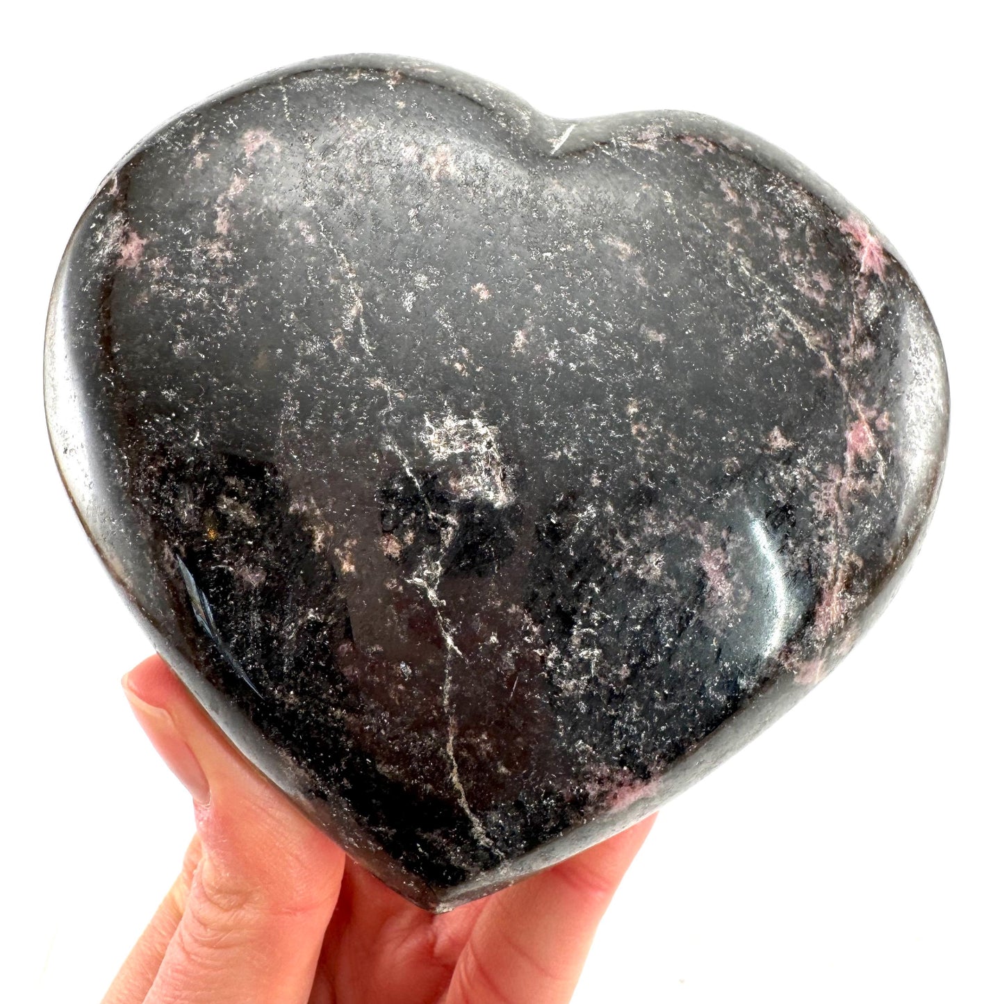 Rhodonite Heart, Crystal Heart, Rhodonite Palm Stone, Rhodonite palmstone, polished Rhodonite