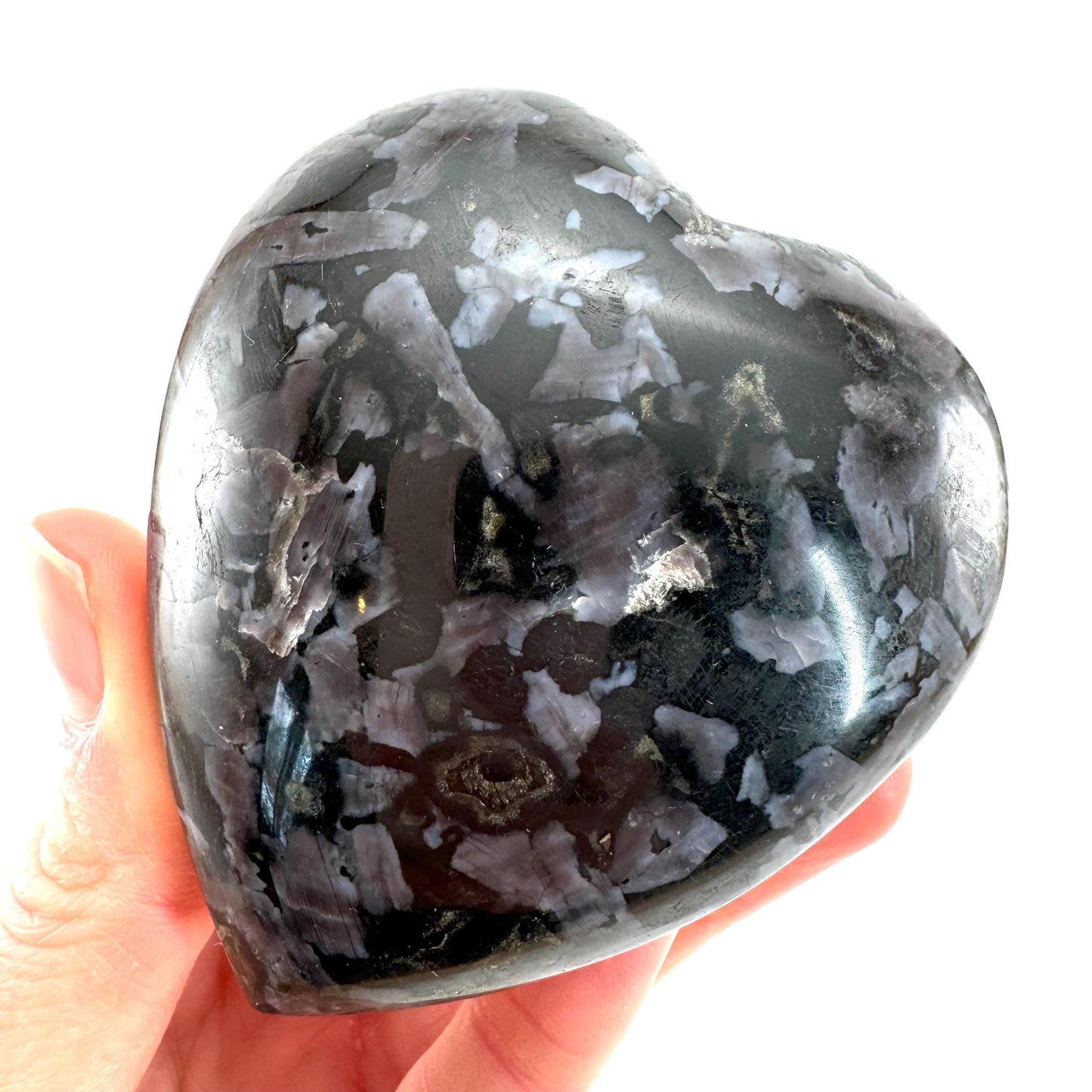 Indigo Gabbro Heart, merlinite heart, Gabbro Palm stone, Merlinite palm stone, Indigo Gabbro, crystal heart