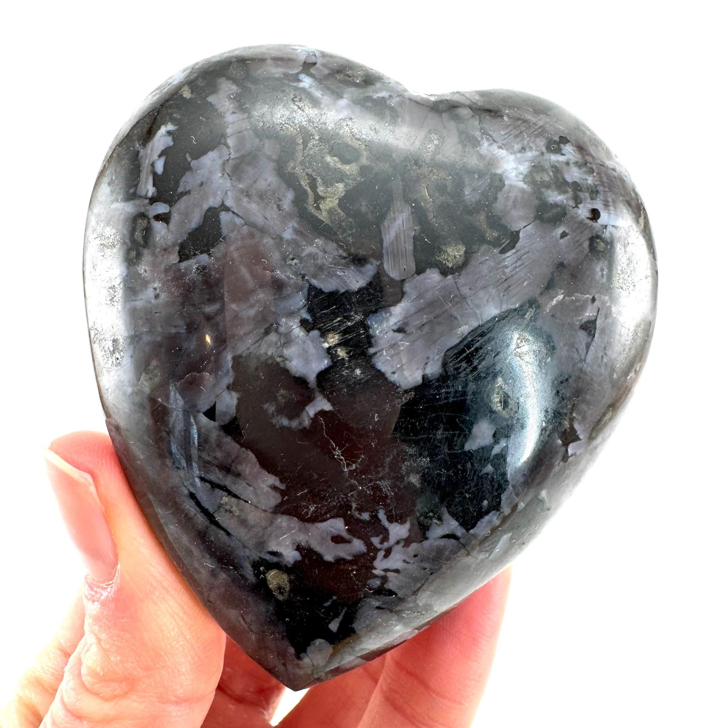 Indigo Gabbro Heart, merlinite heart, Gabbro Palm stone, Merlinite palm stone, Indigo Gabbro, crystal heart