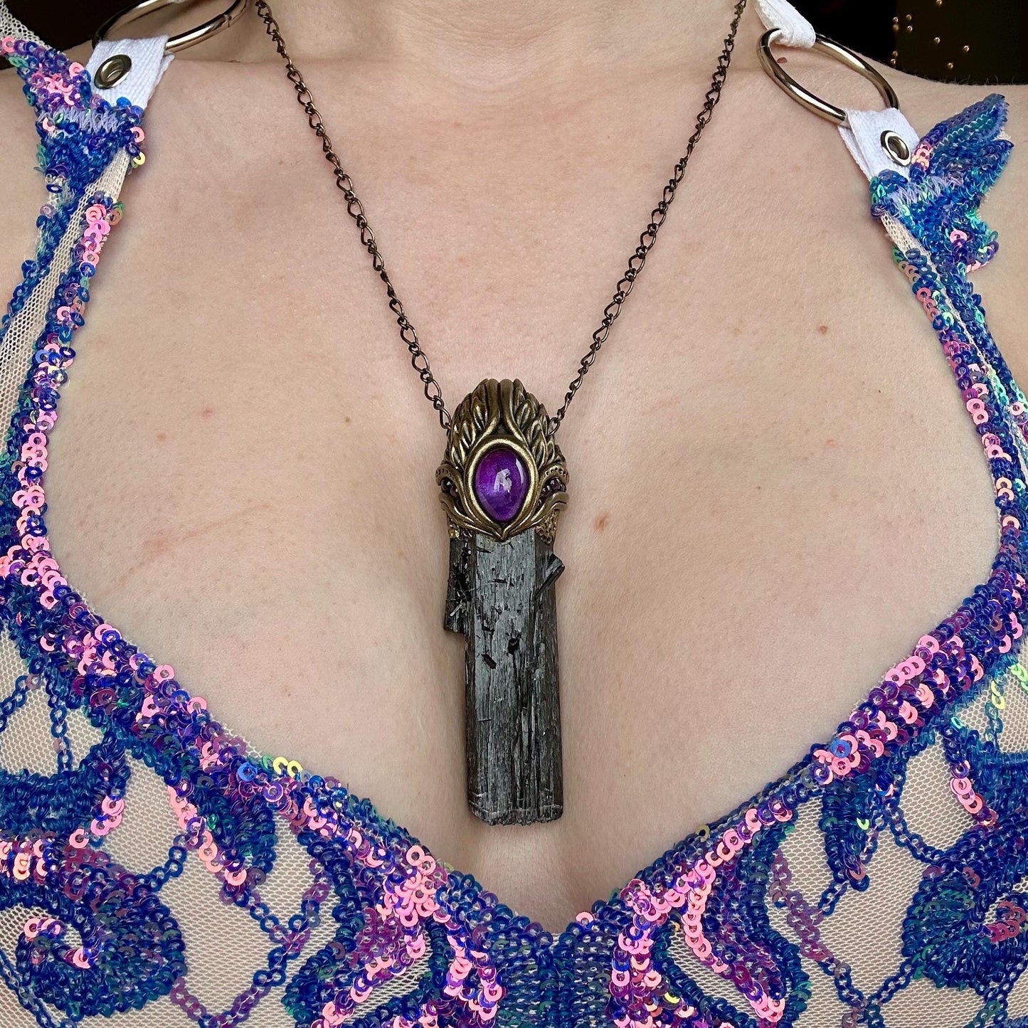 Black Tourmaline & Amethyst Necklace, crystal pendant, gemstone necklace