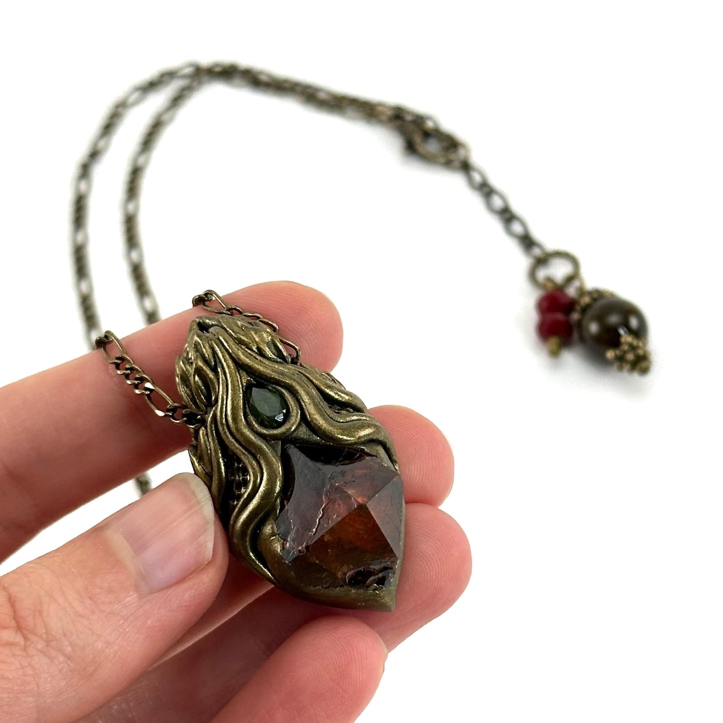 Red Zircon & Green Tourmaline Necklace, crystal pendant, gemstone necklace