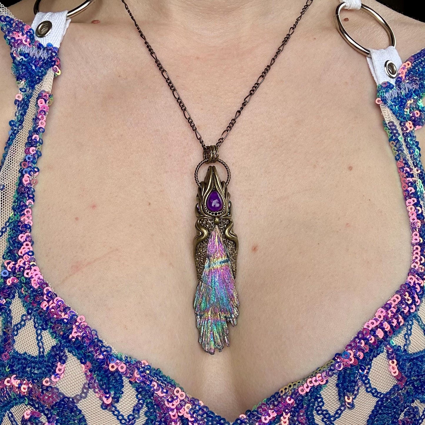 Aura Kyanite & Amethyst Necklace, crystal pendant, gemstone necklace