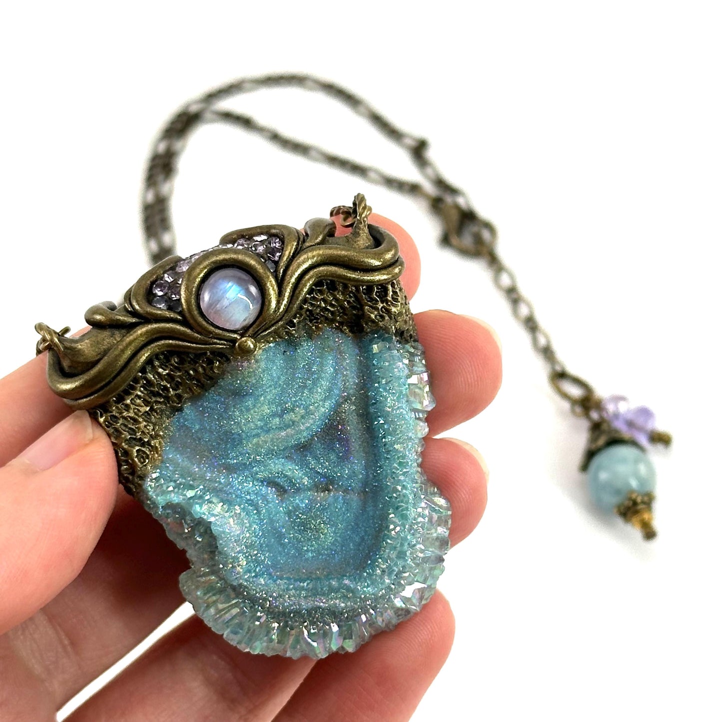 Aura Chalcedony & Rainbow Moonstone Necklace, crystal pendant, gemstone necklace