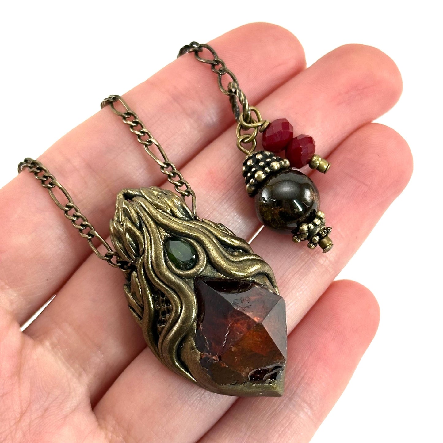 Red Zircon & Green Tourmaline Necklace, crystal pendant, gemstone necklace