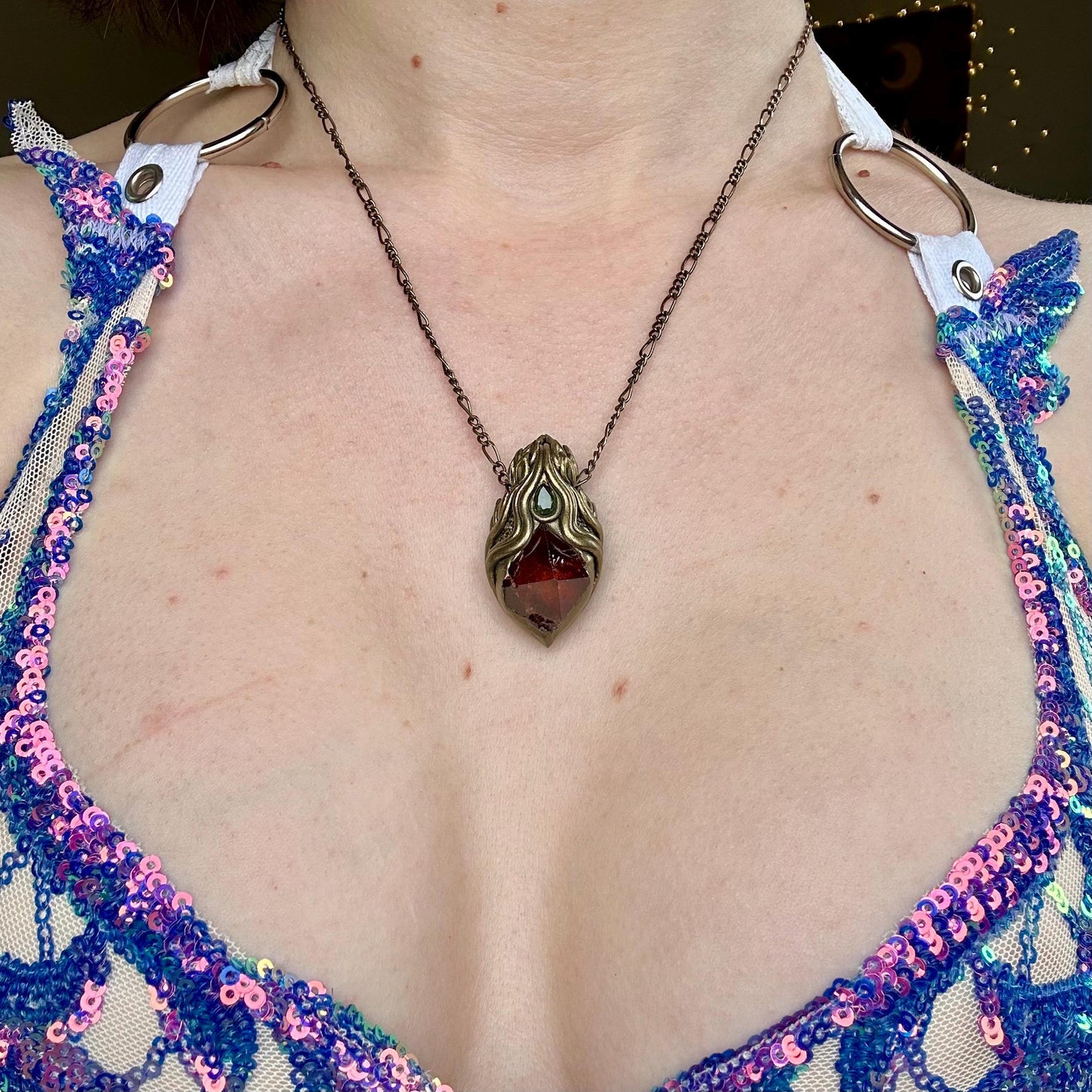 Red Zircon & Green Tourmaline Necklace, crystal pendant, gemstone necklace