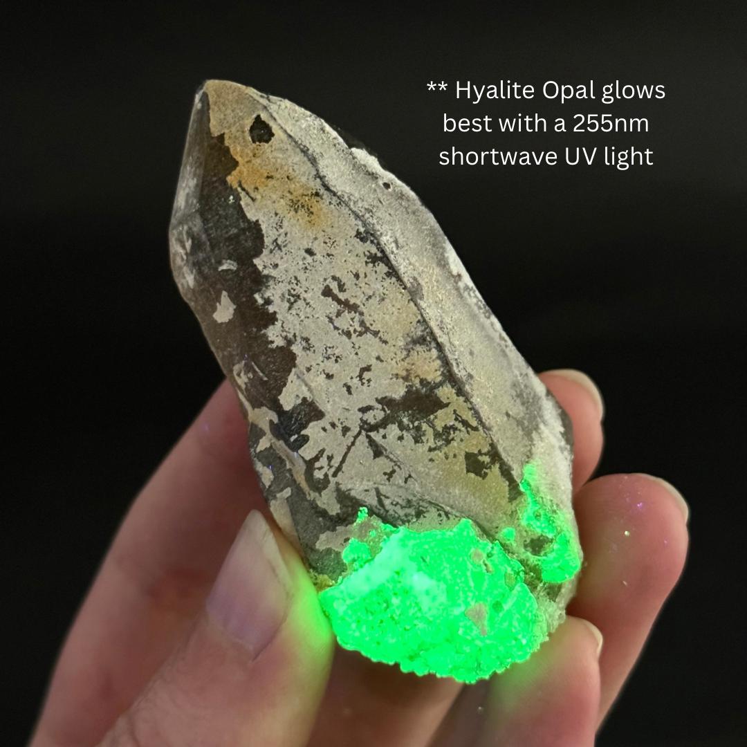 ONE Hyalite Opal on Smoky Quartz Point (Namibia) | UV reactive Hyalite Opal on smoky quartz, smoky quartz crystal
