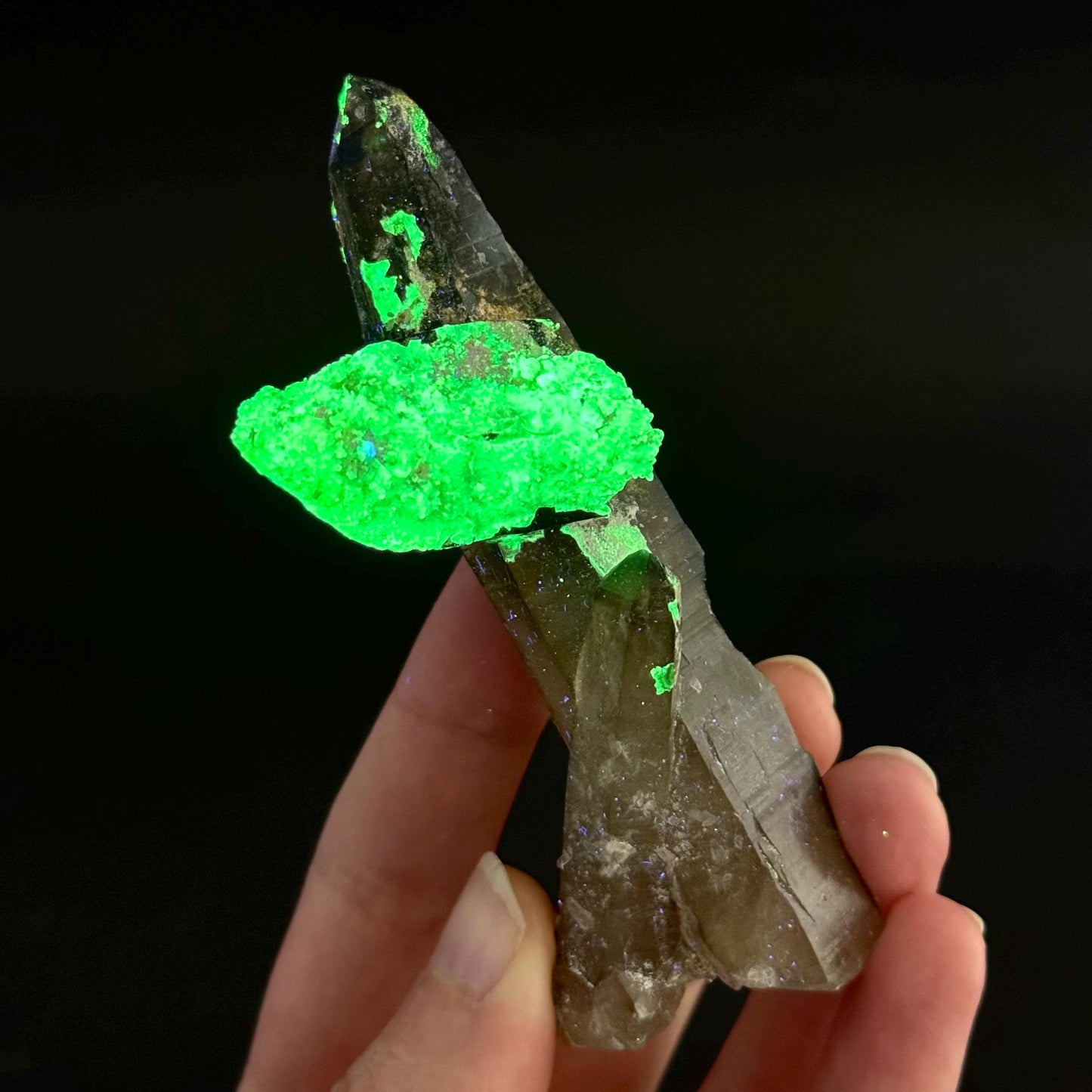 ONE Hyalite Opal on Smoky Quartz Point (Namibia) | UV reactive Hyalite Opal on smoky quartz, smoky quartz crystal