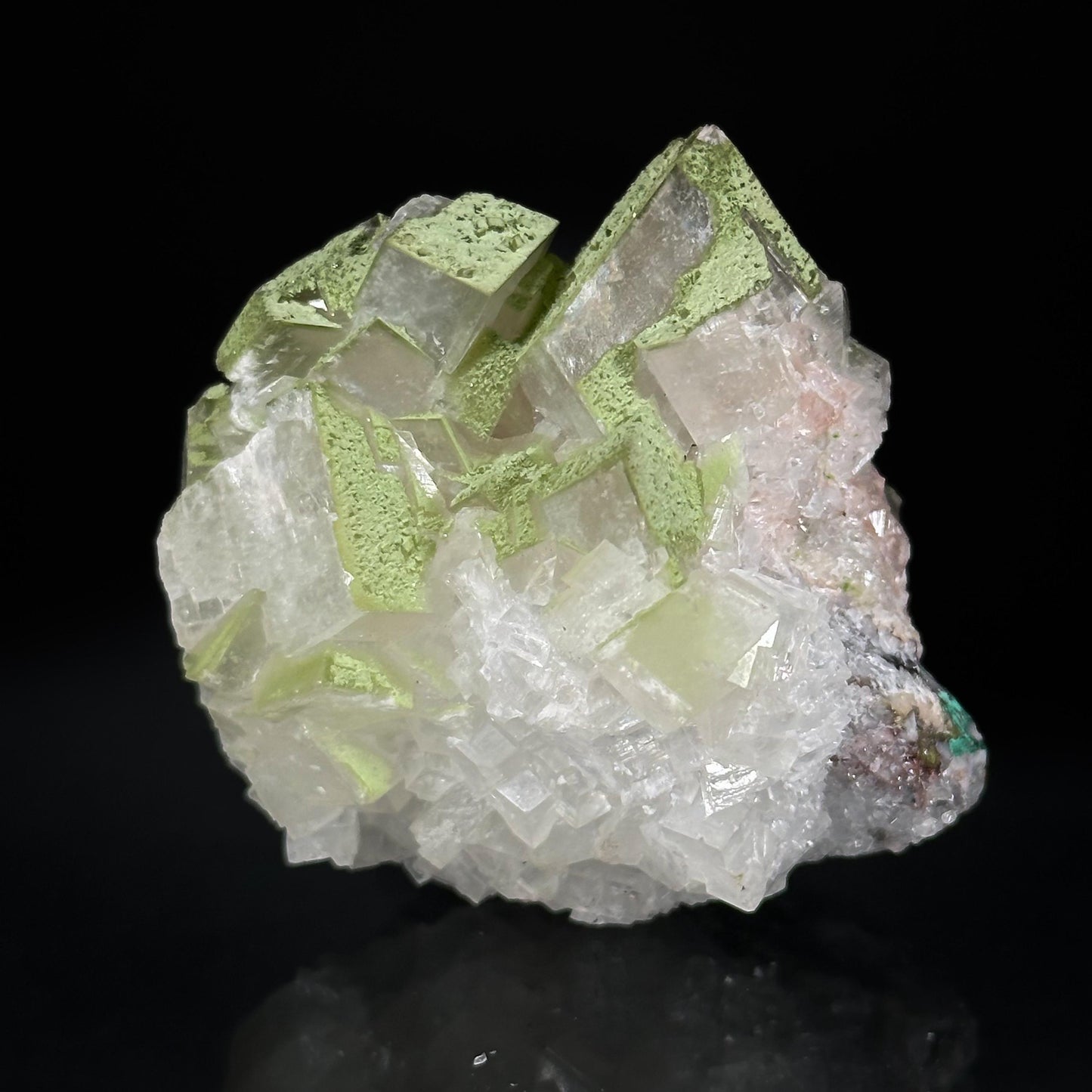 Calcite w/ Duftite (Tsumeb, Namibia) | duftite on calcite crystal, mineral specimen