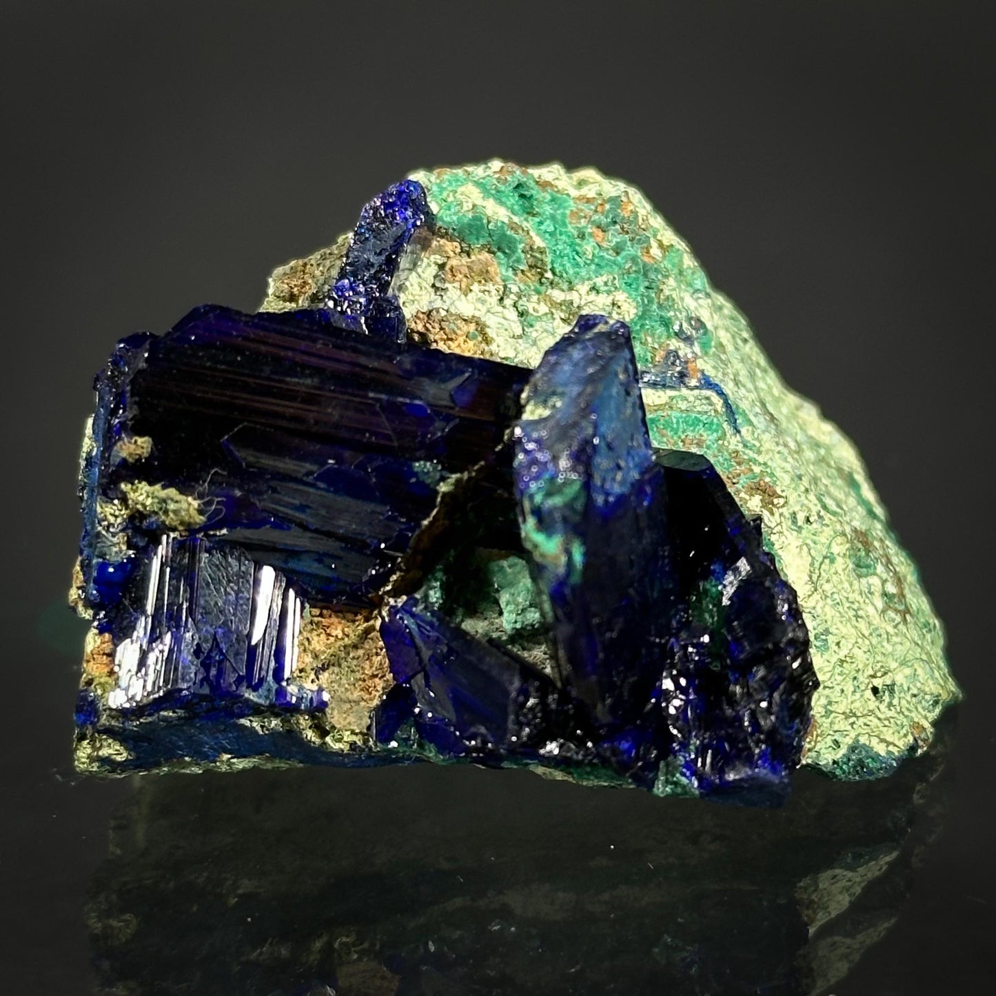 Azurite w/ Malachite (Tsumeb, Namibia), azurite crystal, mineral specimen