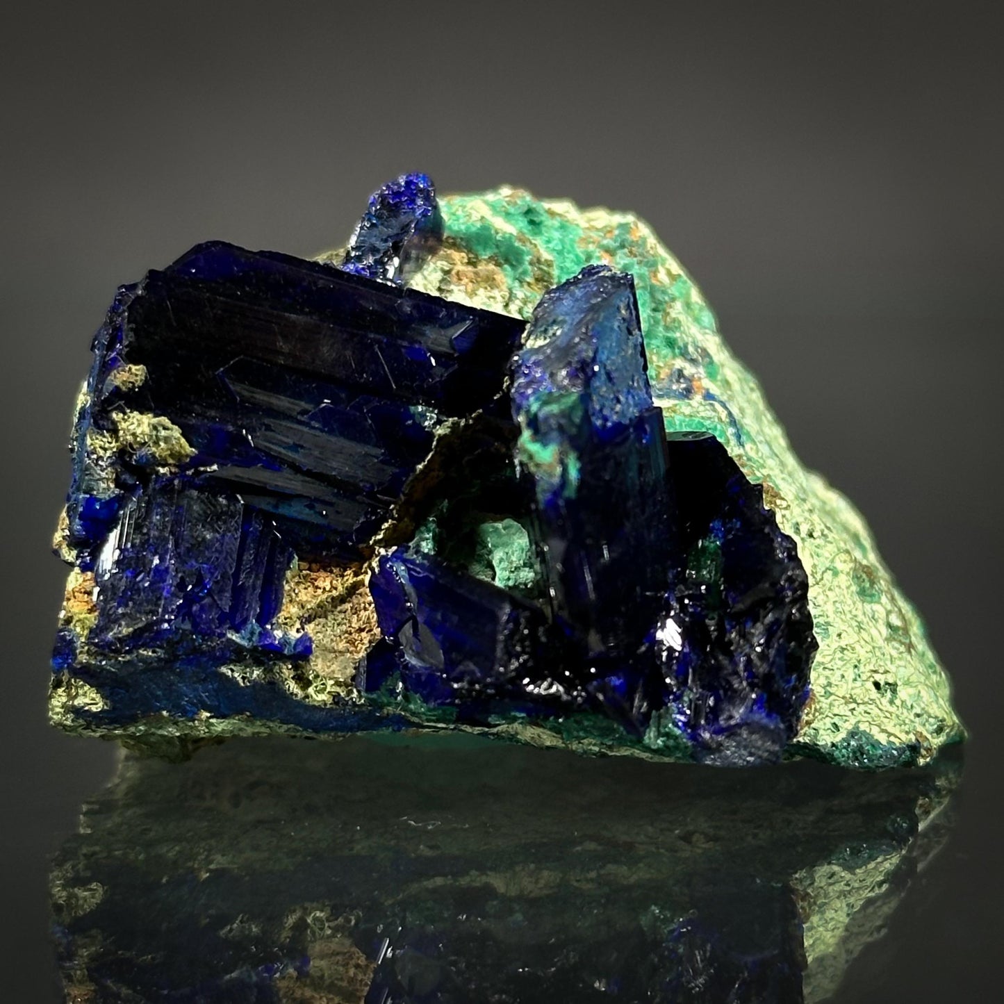 Azurite w/ Malachite (Tsumeb, Namibia), azurite crystal, mineral specimen