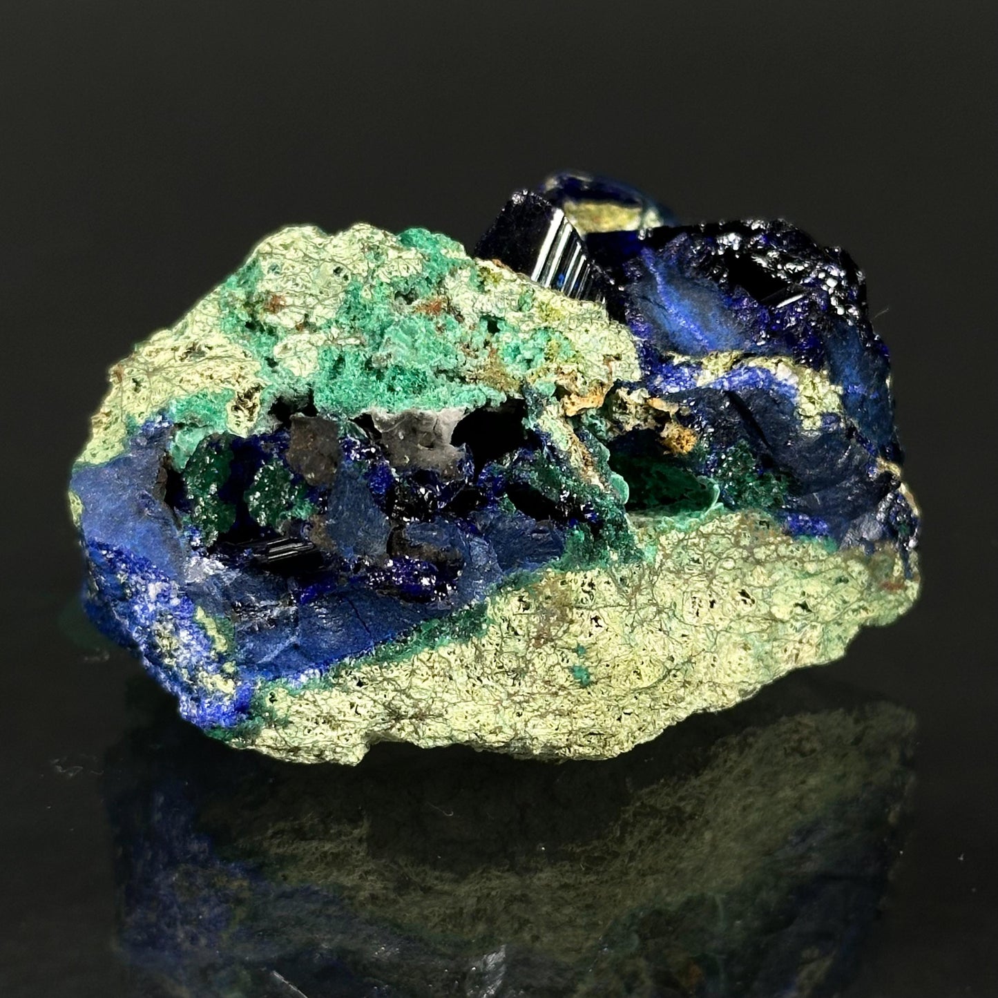 Azurite w/ Malachite (Tsumeb, Namibia), azurite crystal, mineral specimen