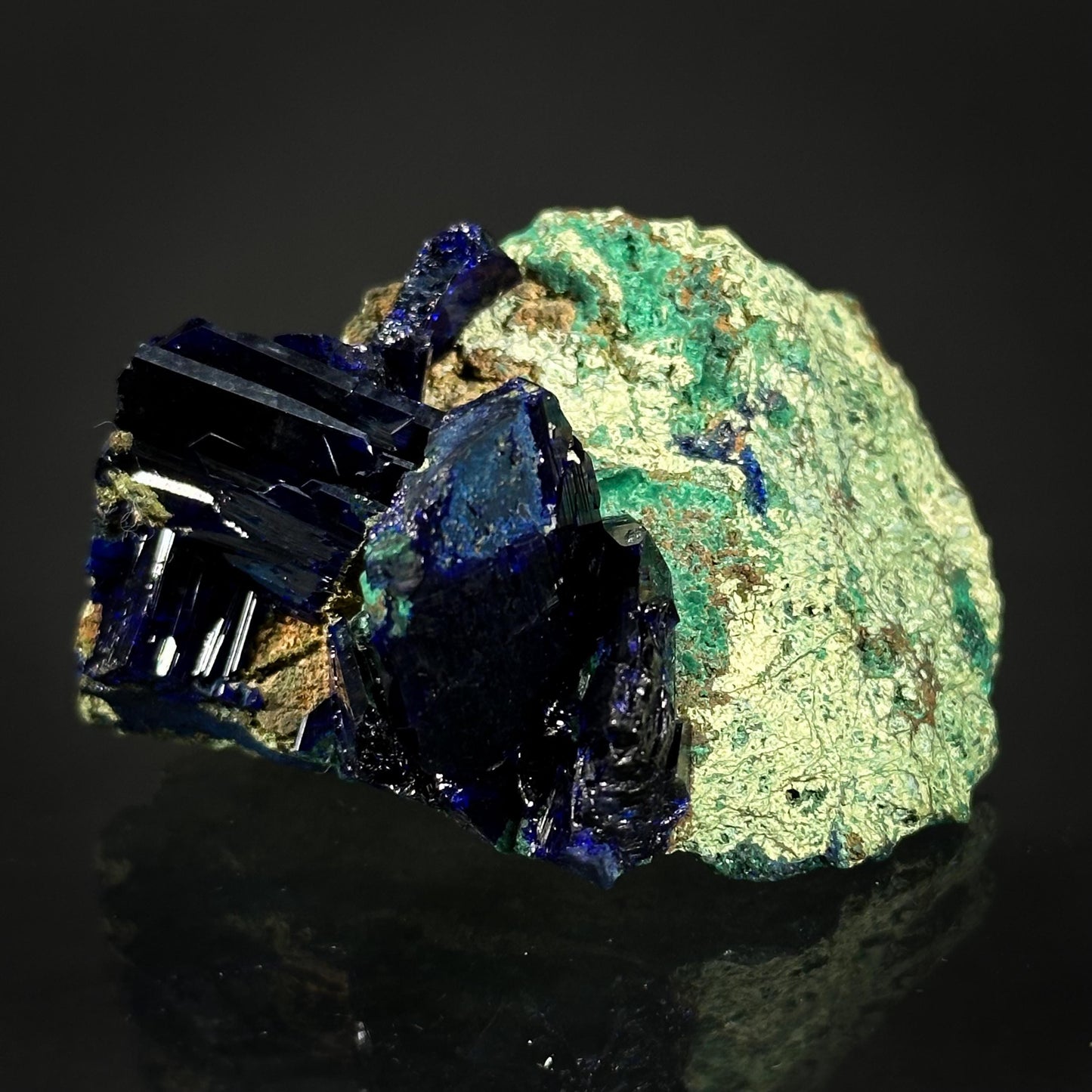 Azurite w/ Malachite (Tsumeb, Namibia), azurite crystal, mineral specimen