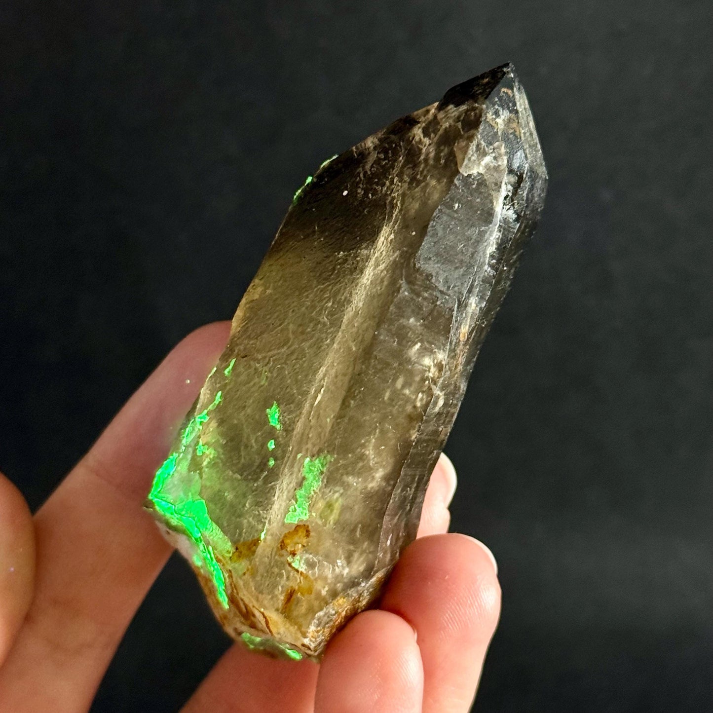 Hyalite Opal on Smoky Quartz (Namibia) | UV reactive Hyalite Opal on smoky quartz crystal