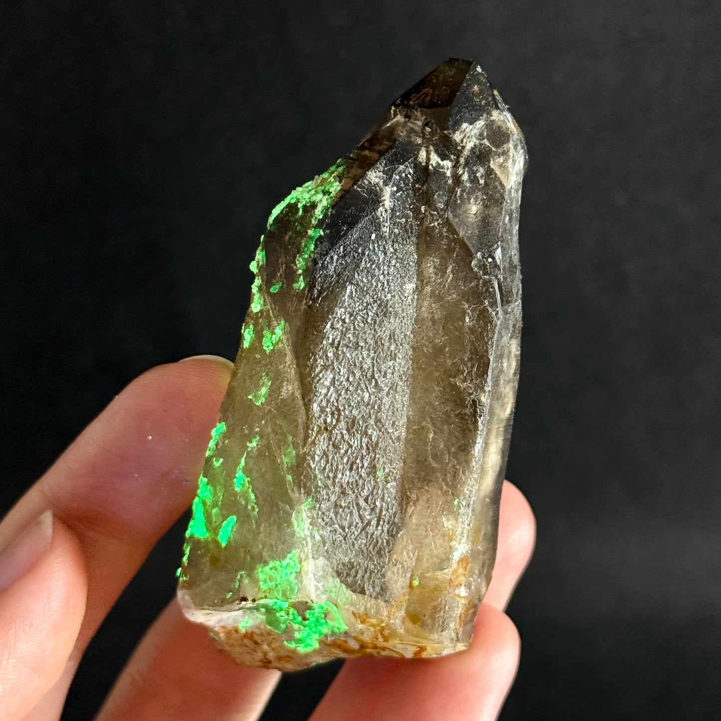 Hyalite Opal on Smoky Quartz (Namibia) | UV reactive Hyalite Opal on smoky quartz crystal