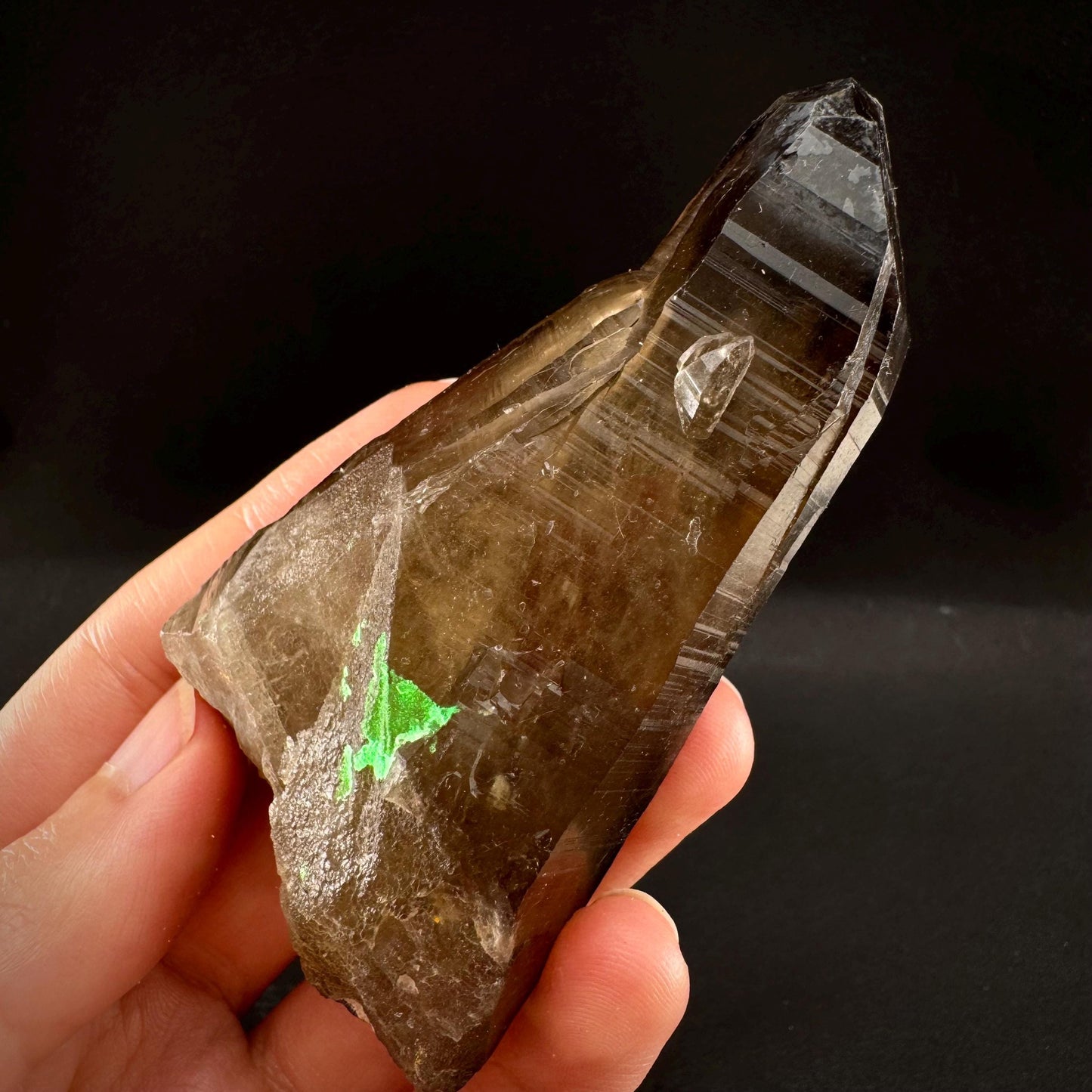 Hyalite Opal on Smoky Quartz (Namibia) | UV reactive Hyalite Opal on smoky quartz crystal