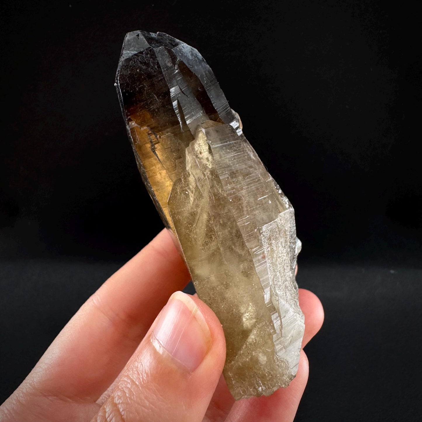 Hyalite Opal on Smoky Quartz (Namibia) | UV reactive Hyalite Opal on smoky quartz crystal