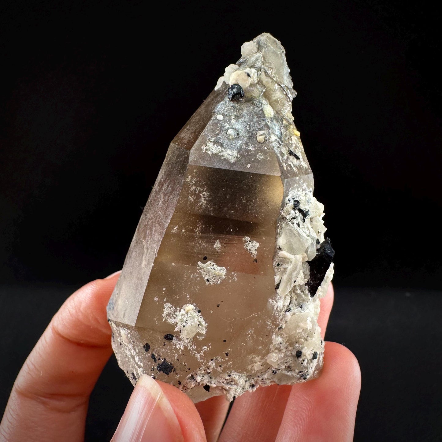 Hyalite Opal on Smoky Quartz (Namibia) | UV reactive Hyalite Opal on smoky quartz crystal, Tessin Habit