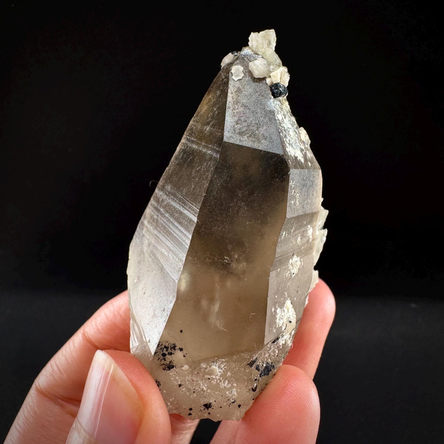Hyalite Opal on Smoky Quartz (Namibia) | UV reactive Hyalite Opal on smoky quartz crystal, Tessin Habit