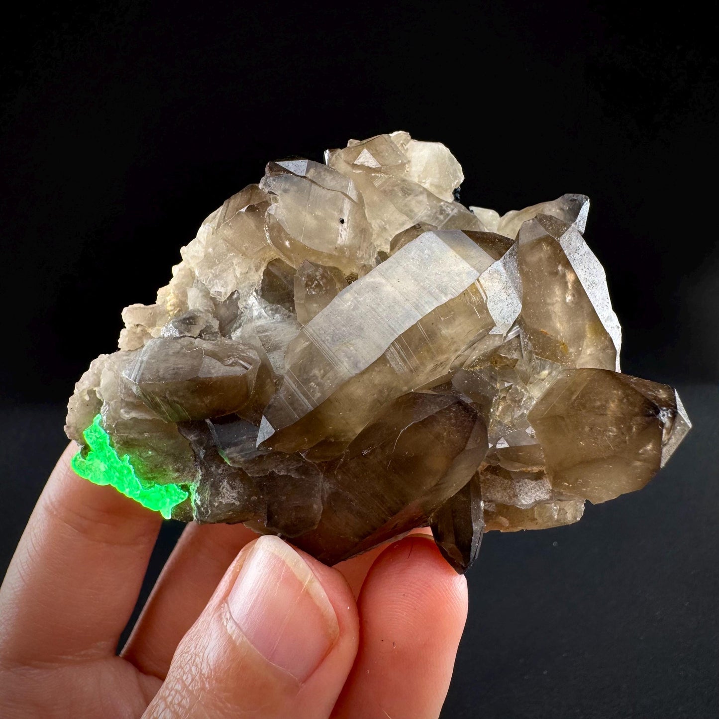 Hyalite Opal on Smoky Quartz (Namibia) | UV reactive Hyalite Opal on smoky quartz crystal