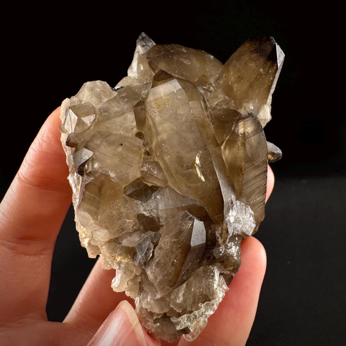 Hyalite Opal on Smoky Quartz (Namibia) | UV reactive Hyalite Opal on smoky quartz crystal