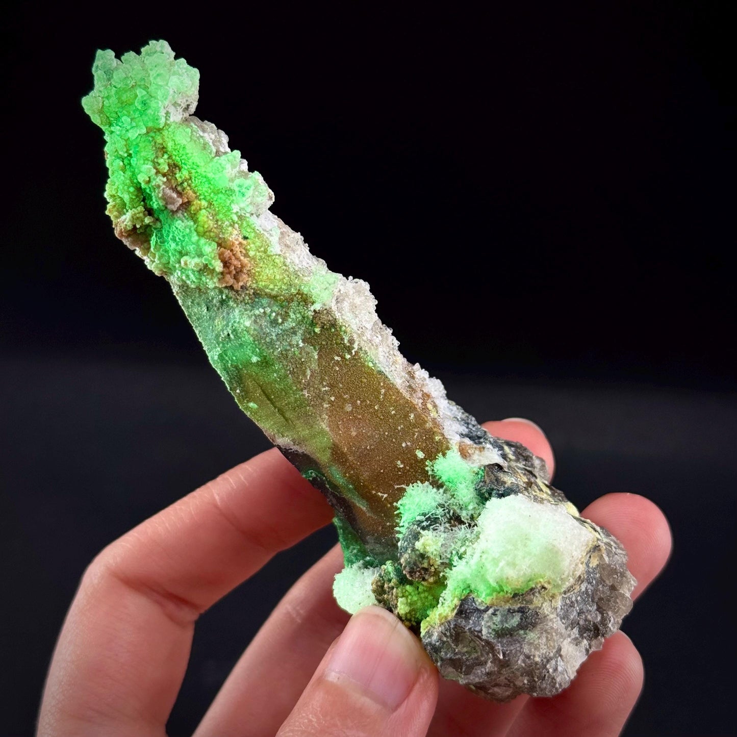 Hyalite Opal on Smoky Quartz (Namibia) | UV reactive Hyalite Opal on smoky quartz crystal