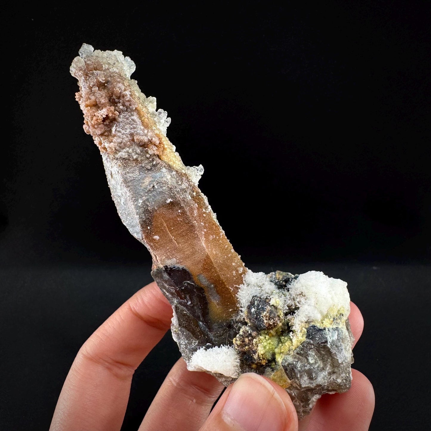 Hyalite Opal on Smoky Quartz (Namibia) | UV reactive Hyalite Opal on smoky quartz crystal