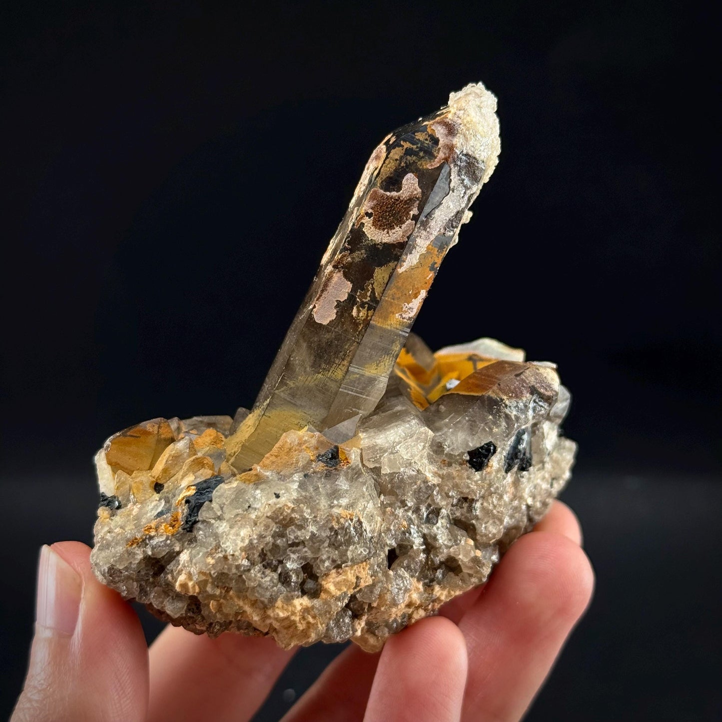 Hyalite Opal on Smoky Quartz (Namibia) | UV reactive Hyalite Opal on smoky quartz crystal