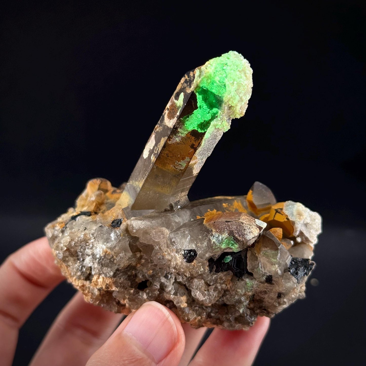 Hyalite Opal on Smoky Quartz (Namibia) | UV reactive Hyalite Opal on smoky quartz crystal