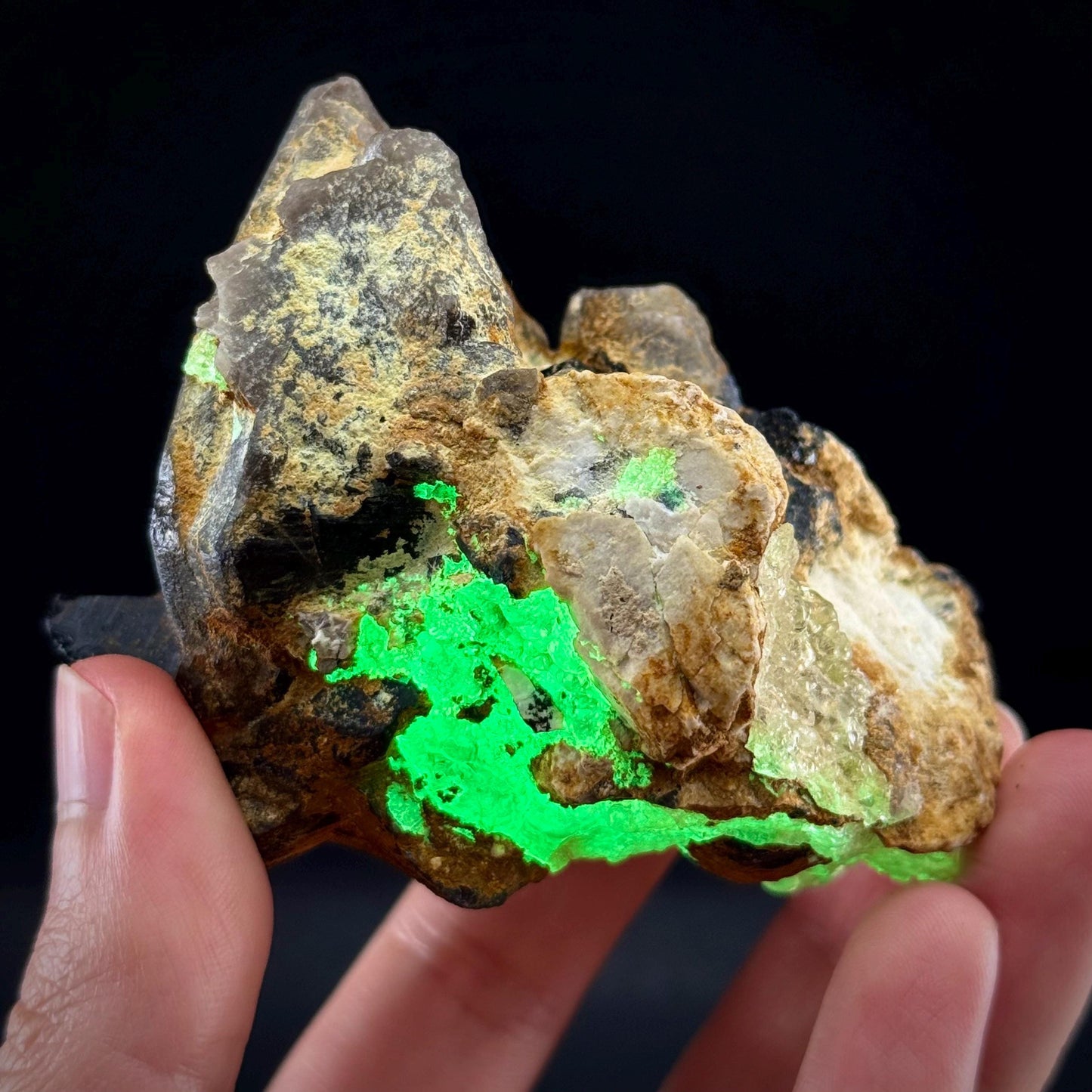 Hyalite Opal on Smoky Quartz (Namibia) | UV reactive Hyalite Opal on smoky quartz crystal