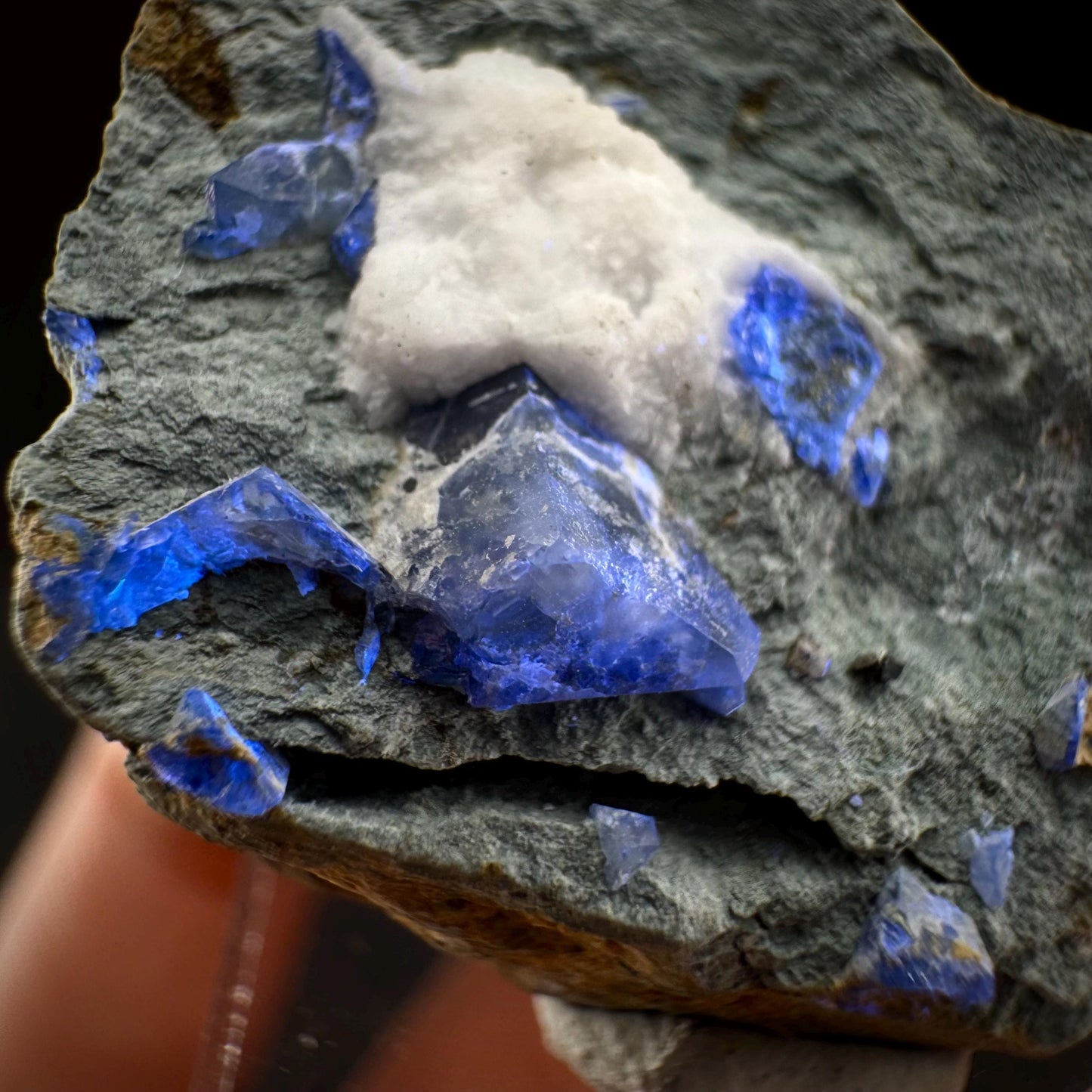 Benitoite w/ Natrolite (California, USA) | UV reactive benitoite crystal, rare mineral specimen