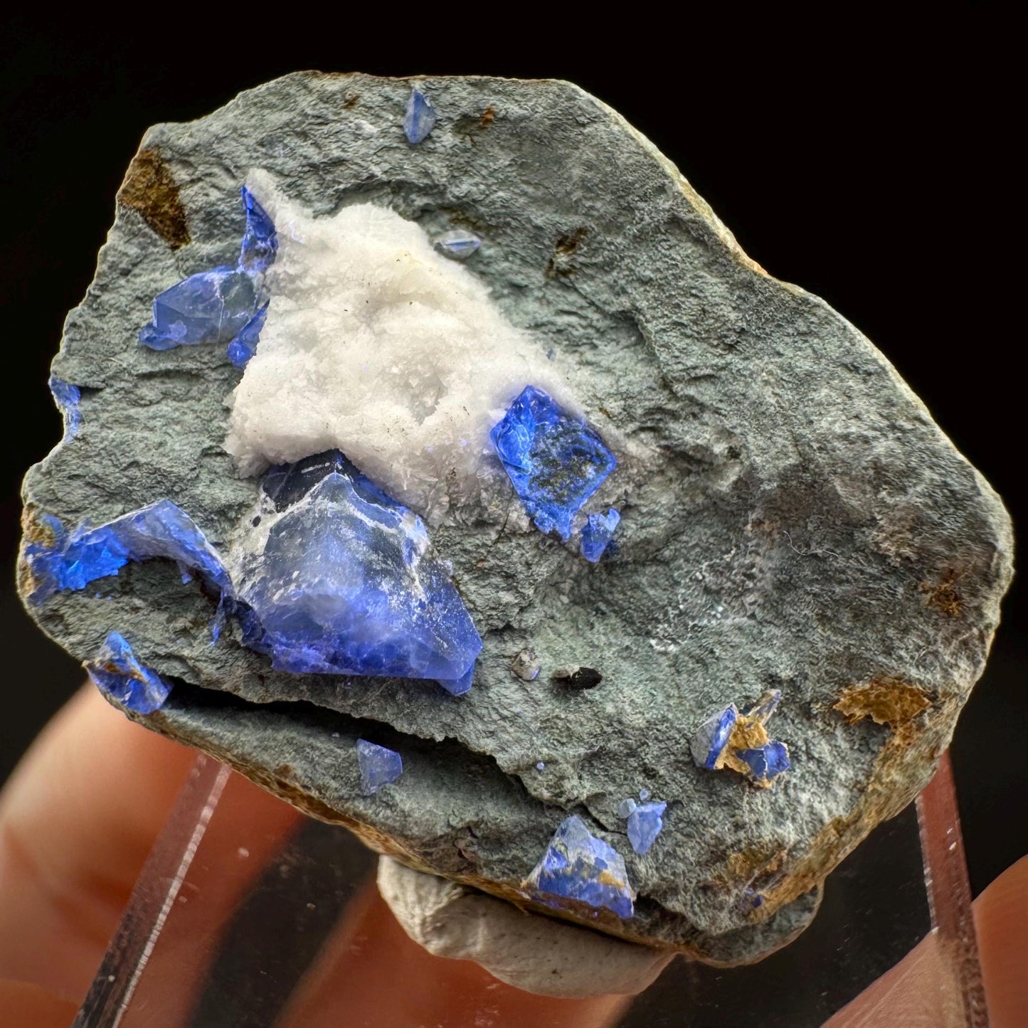 Benitoite w/ Natrolite (California, USA) | UV reactive benitoite crystal, rare mineral specimen