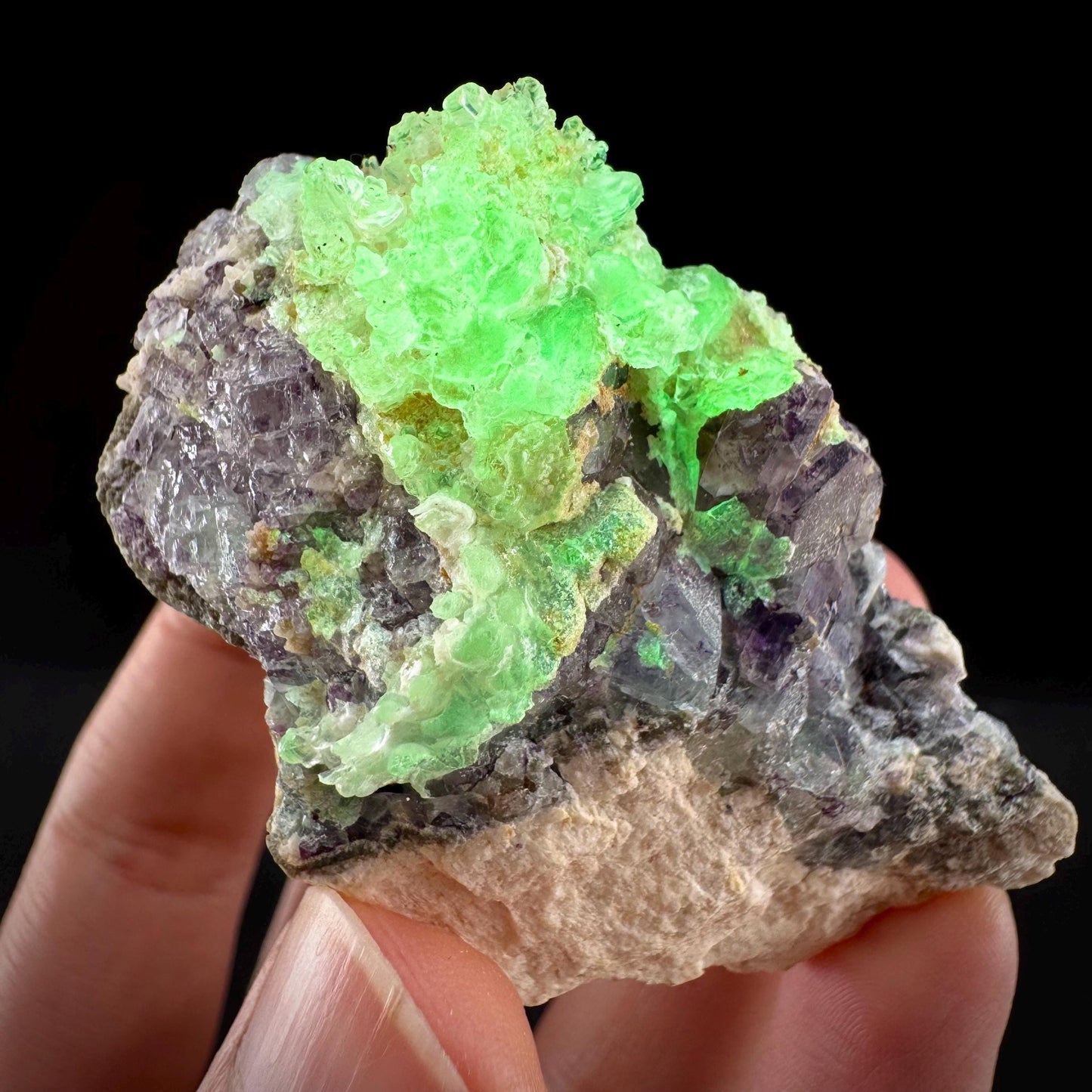Fluorite w/ Hyalite Opal (Namibia) | UV reactive Hyalite Opal on fluorite crystal, mineral specimen