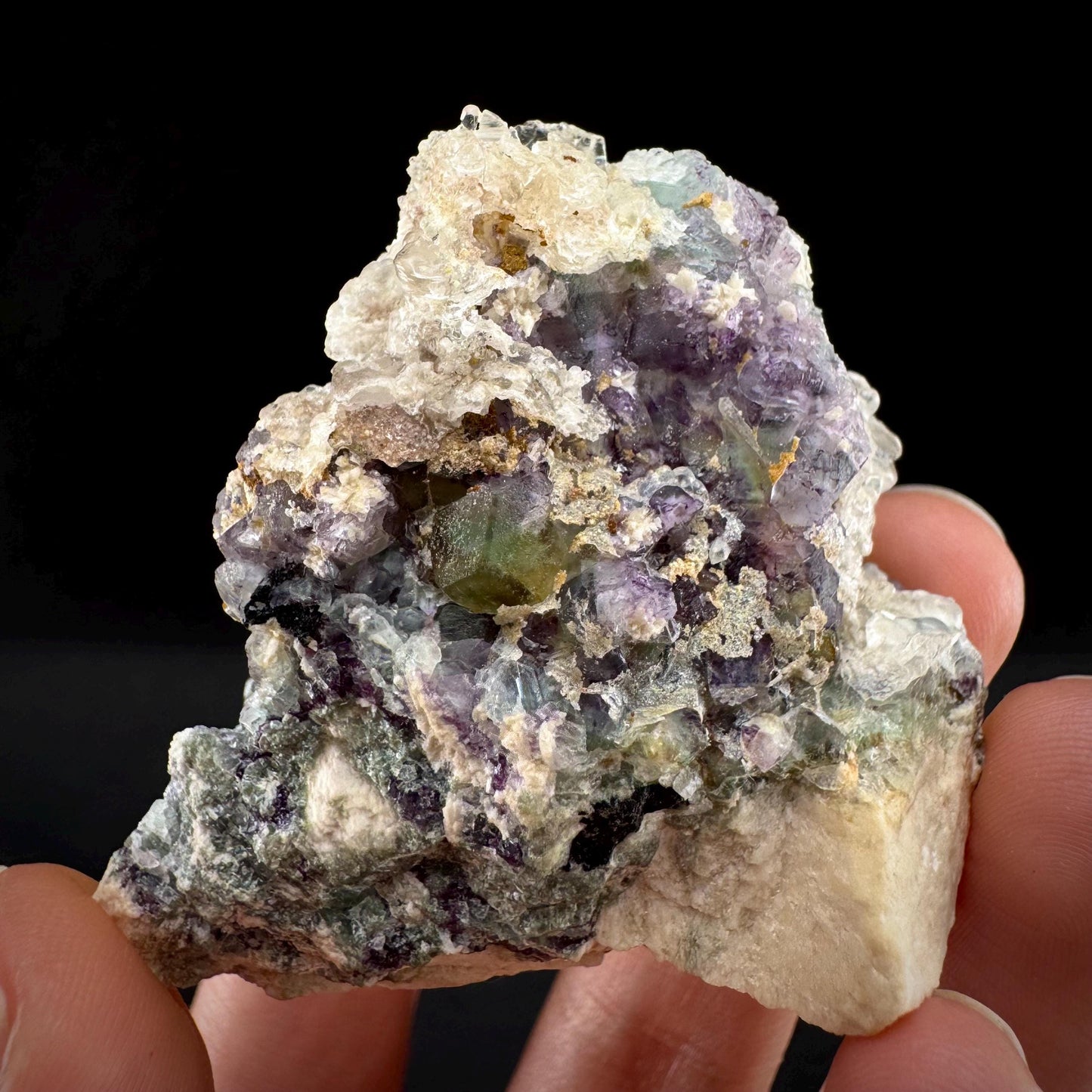 Fluorite w/ Hyalite Opal (Namibia) | UV reactive Hyalite Opal on fluorite crystal, mineral specimen