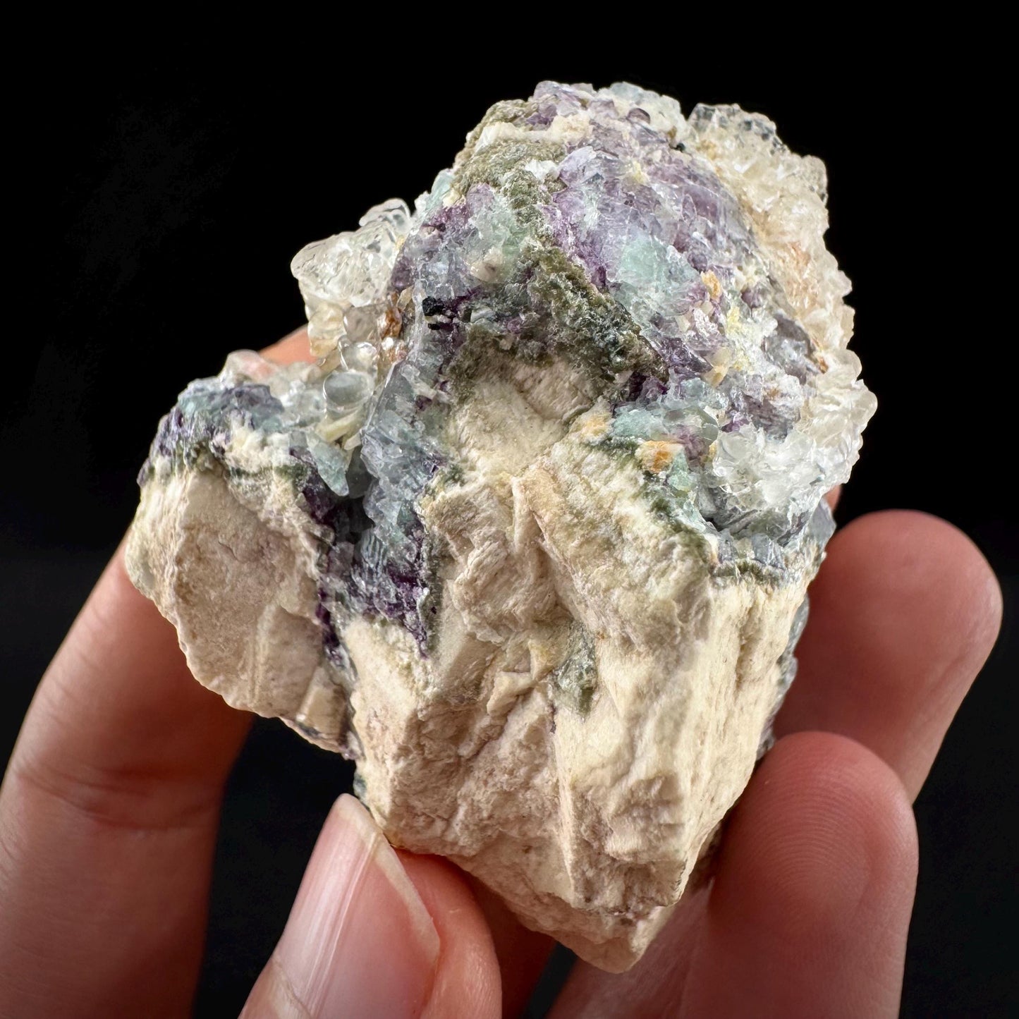 Fluorite w/ Hyalite Opal (Namibia) | UV reactive Hyalite Opal on fluorite crystal, mineral specimen