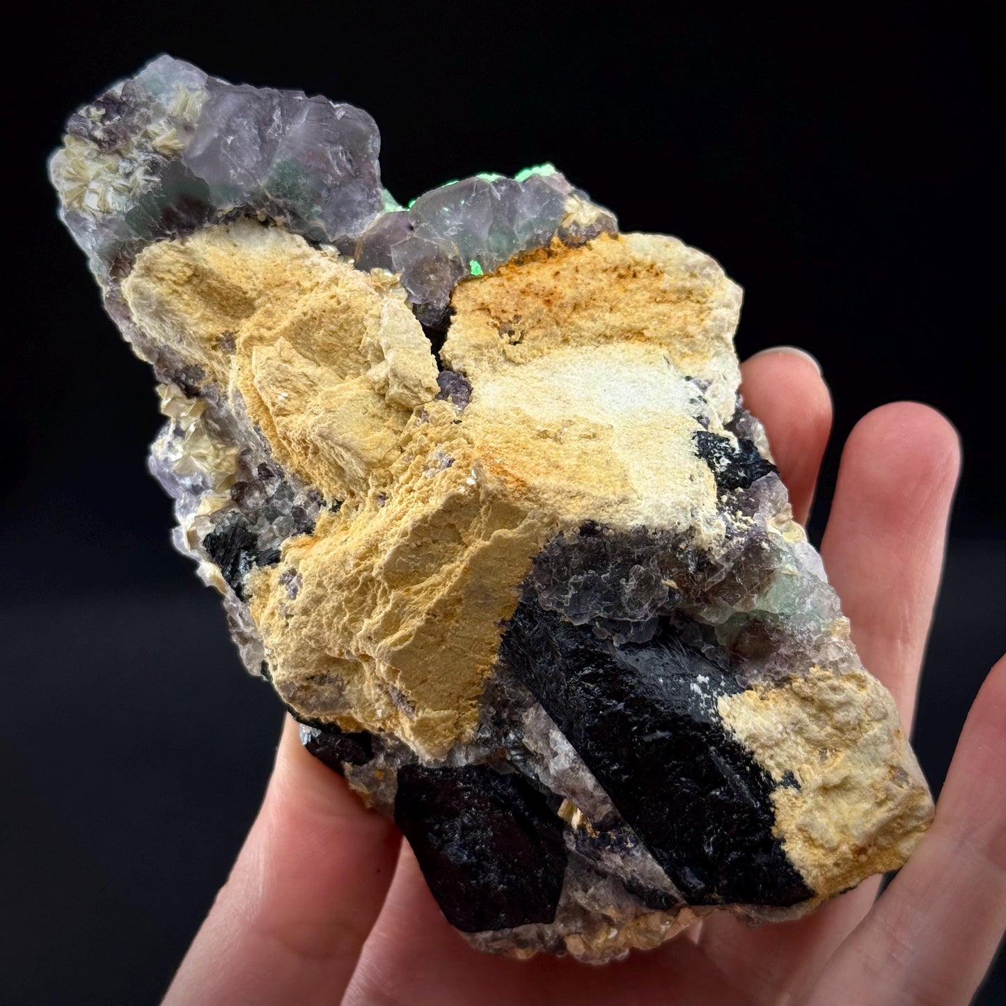 Fluorite w/ Hyalite Opal (Namibia) | UV reactive Hyalite Opal on fluorite crystal, mineral specimen