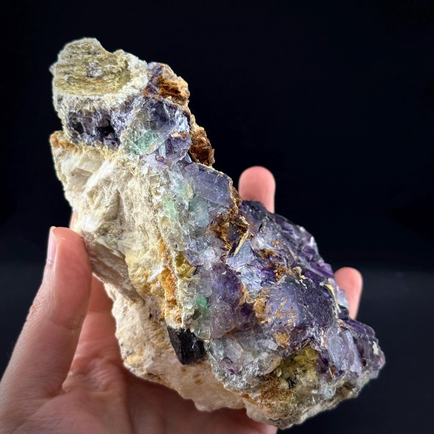 Fluorite w/ Hyalite Opal (Namibia) | UV reactive Hyalite Opal on fluorite crystal, mineral specimen