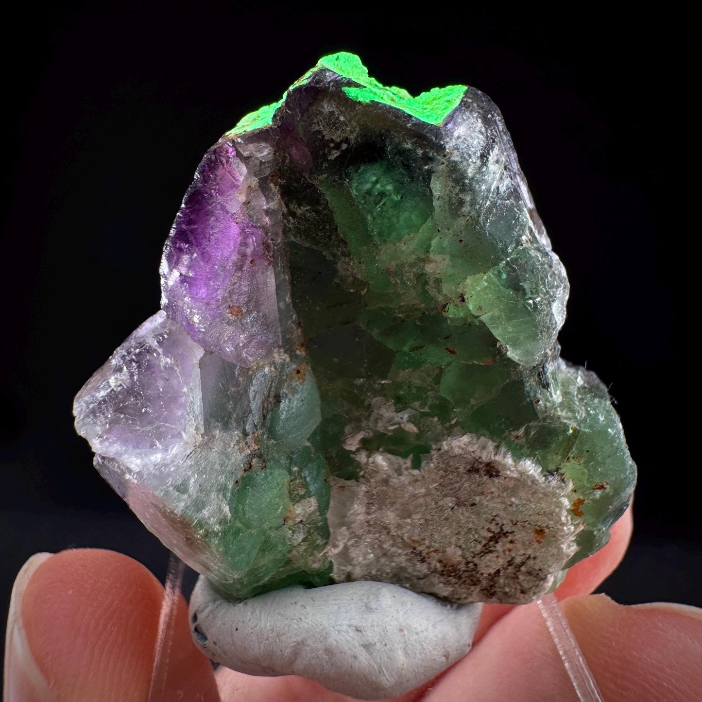 Fluorite w/ Hyalite Opal (Namibia) | UV reactive Hyalite Opal on fluorite crystal, mineral specimen