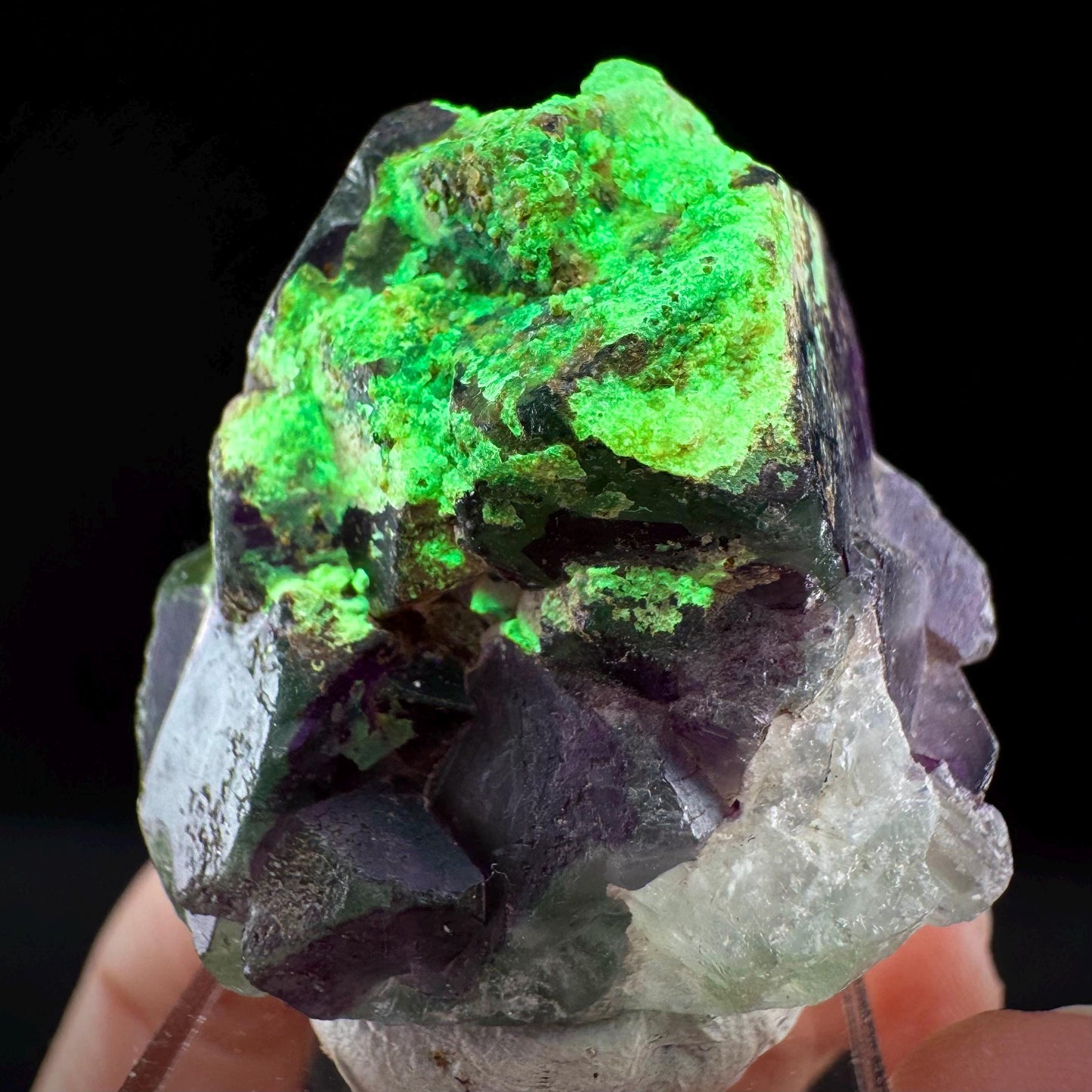 Fluorite w/ Hyalite Opal (Namibia) | UV reactive Hyalite Opal on fluorite crystal, mineral specimen