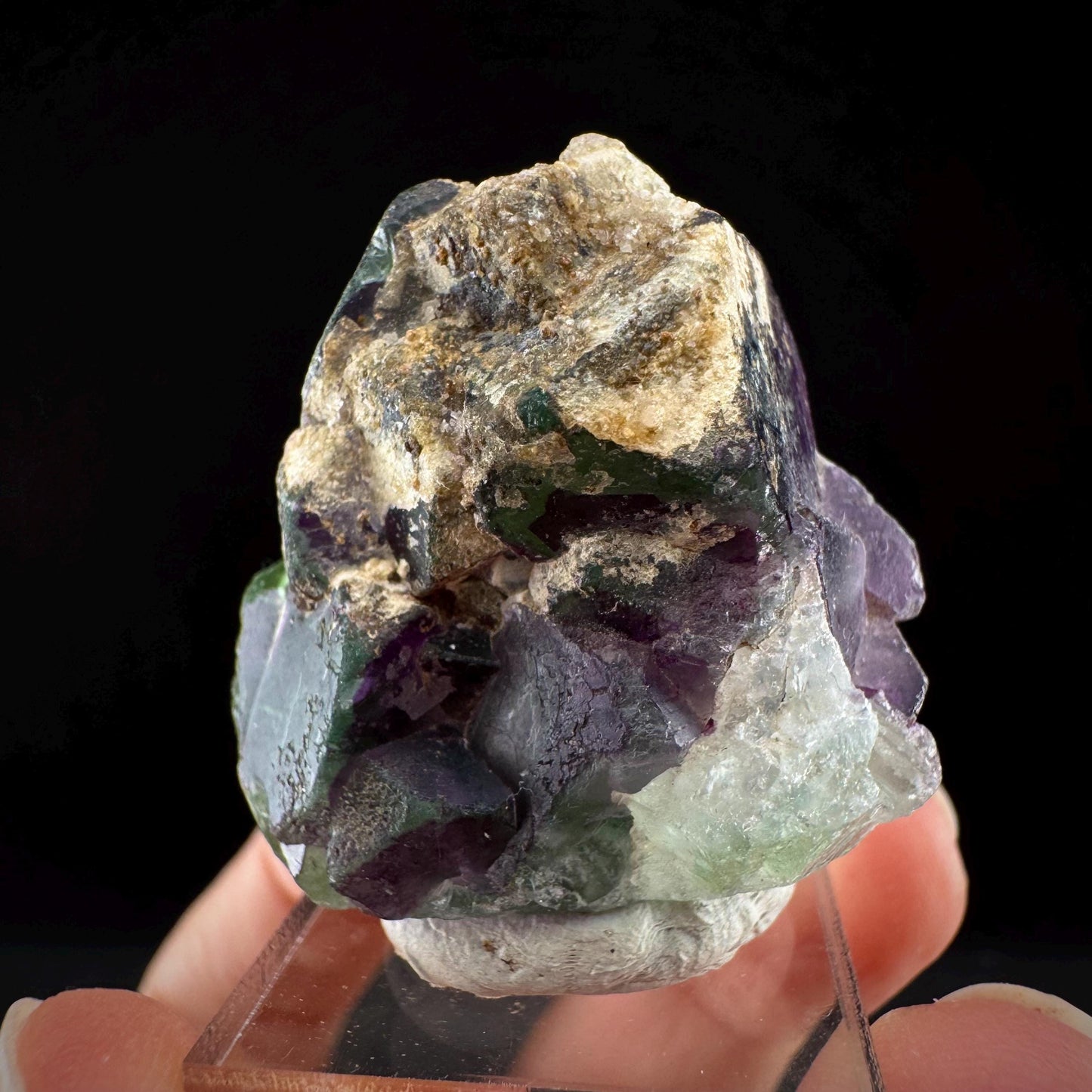 Fluorite w/ Hyalite Opal (Namibia) | UV reactive Hyalite Opal on fluorite crystal, mineral specimen