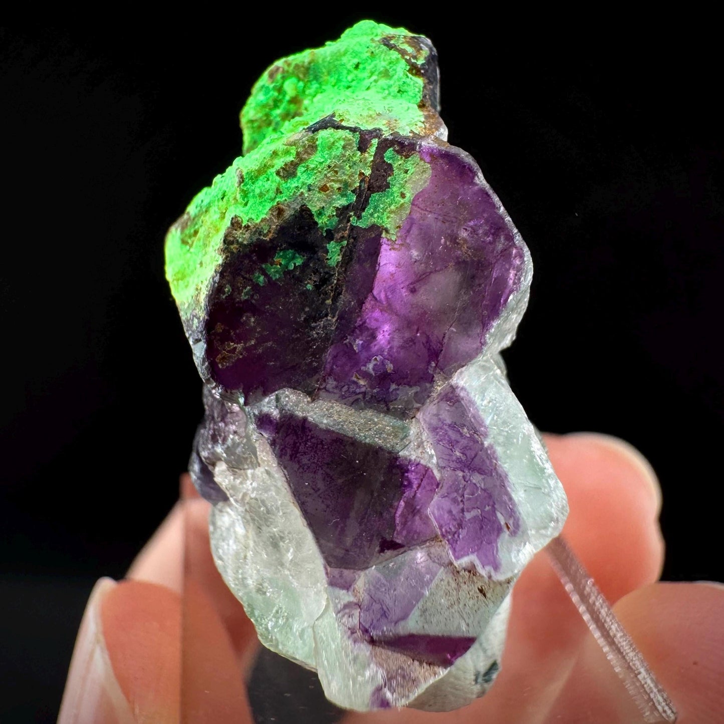 Fluorite w/ Hyalite Opal (Namibia) | UV reactive Hyalite Opal on fluorite crystal, mineral specimen