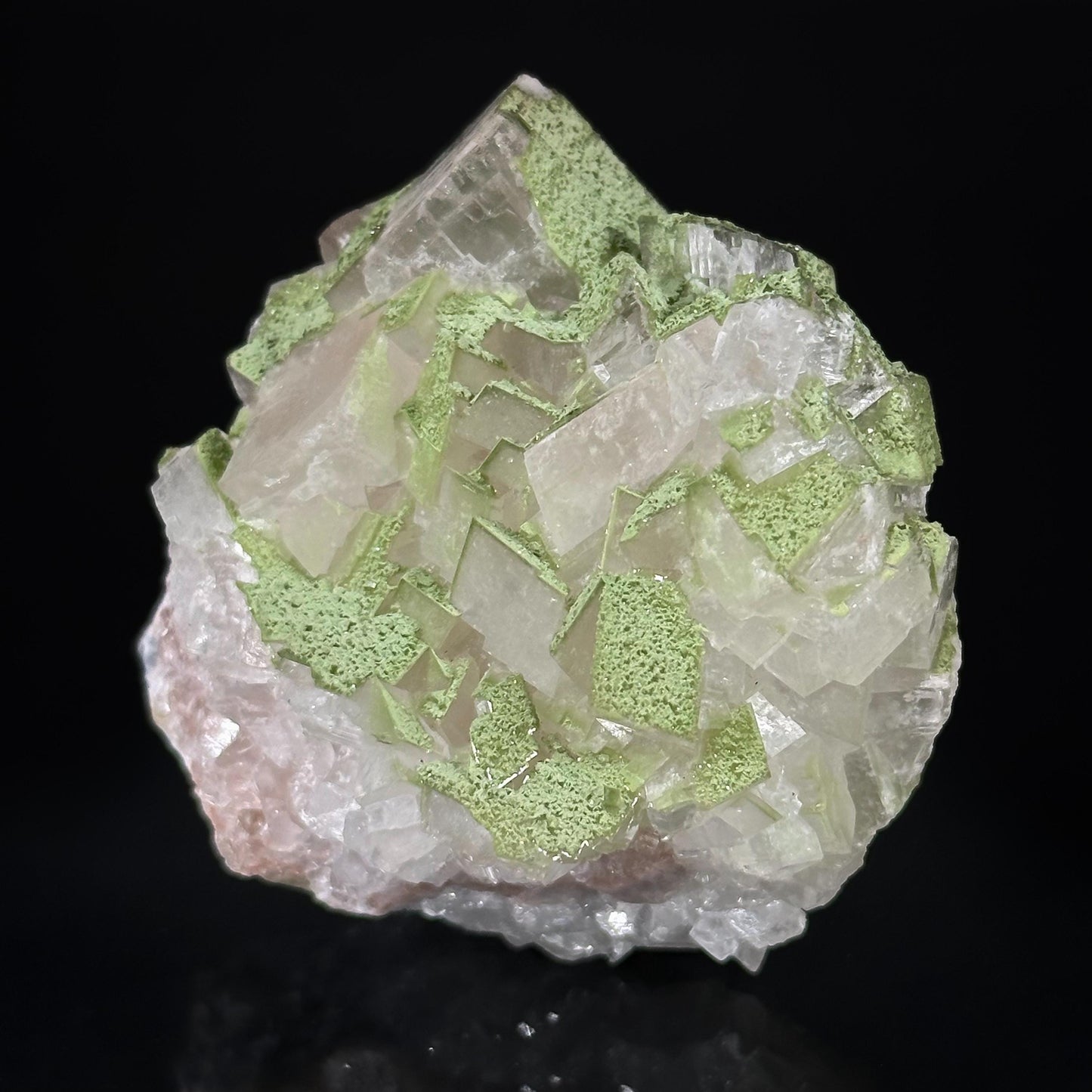 Calcite w/ Duftite (Tsumeb, Namibia) | duftite on calcite crystal, mineral specimen