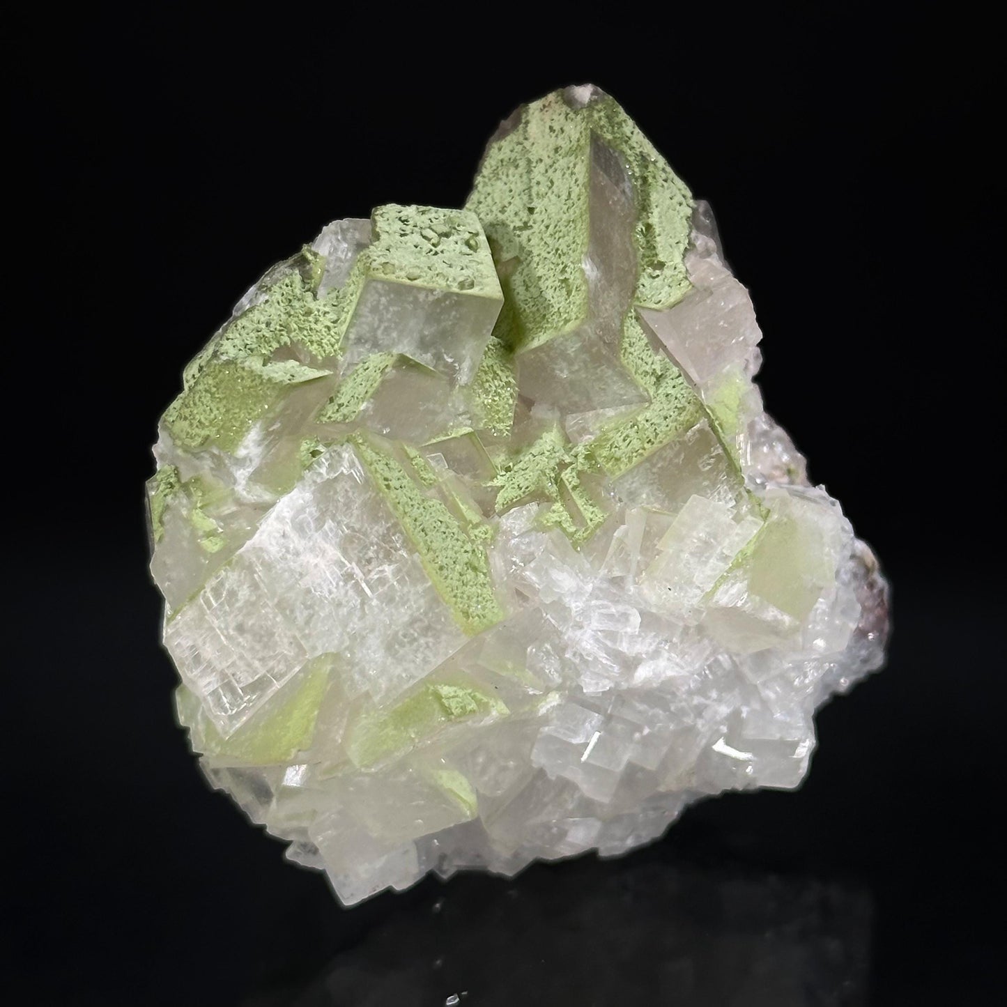 Calcite w/ Duftite (Tsumeb, Namibia) | duftite on calcite crystal, mineral specimen
