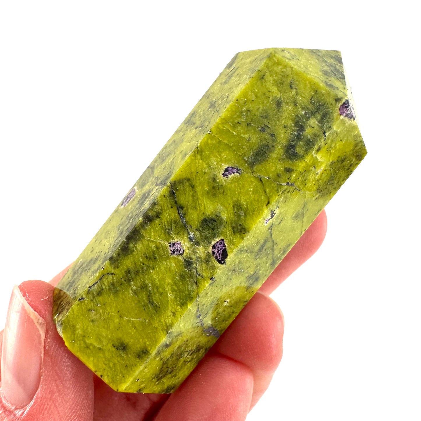 Atlantisite Point (Tasmania) | polished atlantisite crystal tower, stichtite in serpentine, crystal point, rare minerals