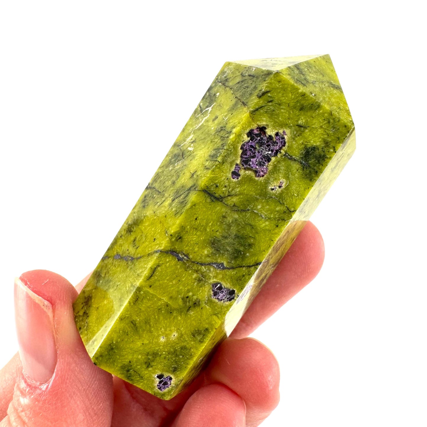 Atlantisite Point (Tasmania) | polished atlantisite crystal tower, stichtite in serpentine, crystal point, rare minerals