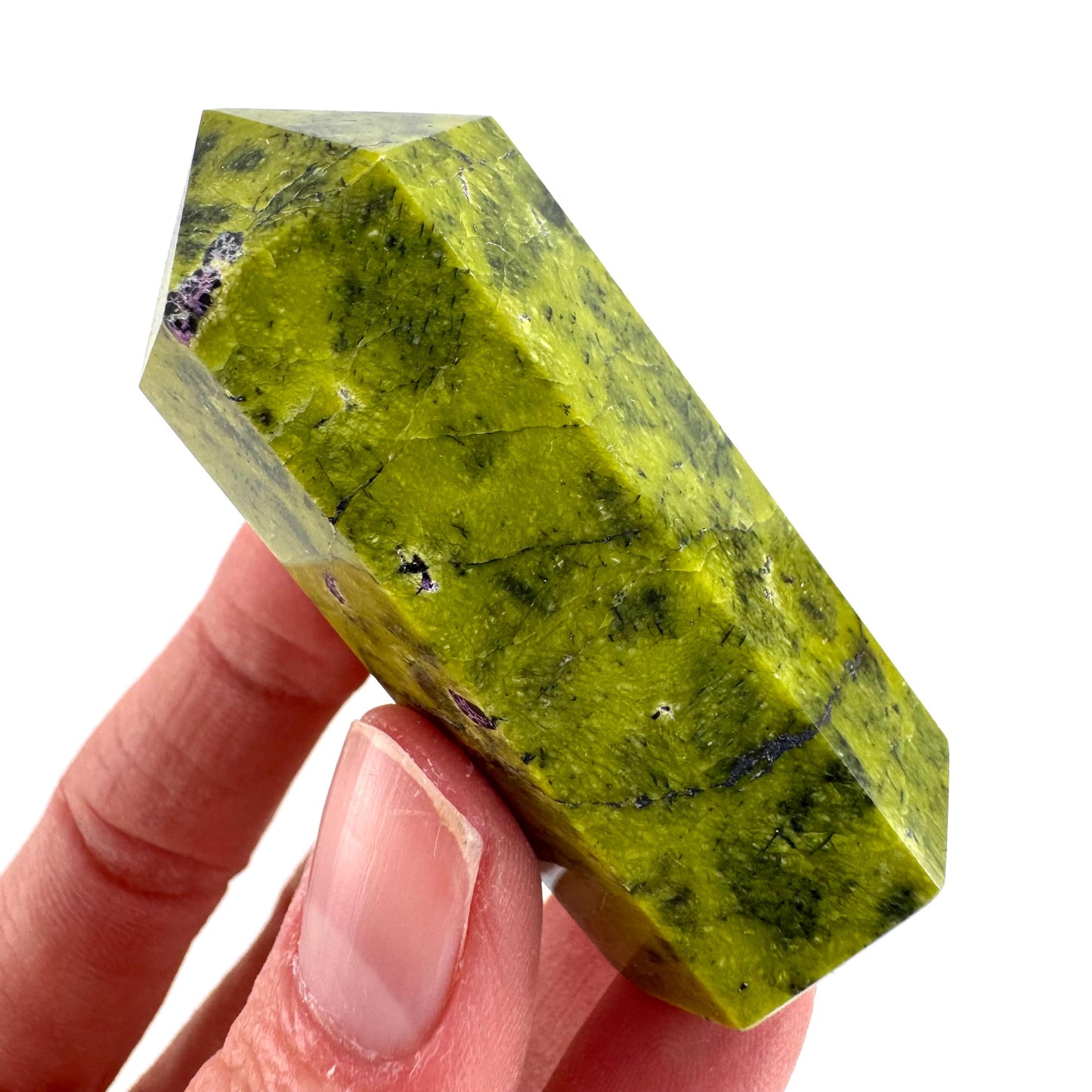 Atlantisite Point (Tasmania) | polished atlantisite crystal tower, stichtite in serpentine, crystal point, rare minerals