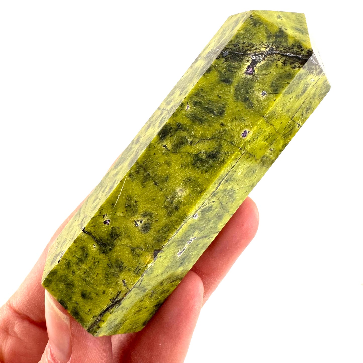 Atlantisite Point (Tasmania) | polished atlantisite crystal tower, stichtite in serpentine, crystal point, rare minerals